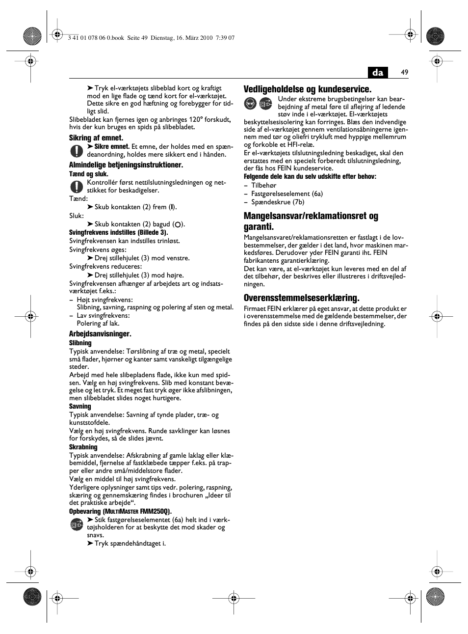 Vedligeholdelse og kundeservice, Mangelsansvar/reklamationsret og garanti, Overensstemmelseserklæring | Fein MultiMaster Marine User Manual | Page 49 / 107