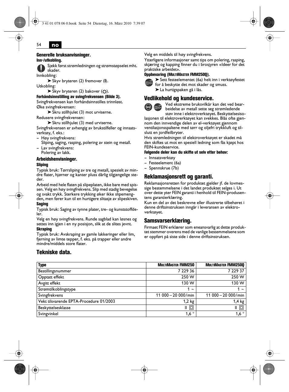 Vedlikehold og kundeservice, Reklamasjonsrett og garanti, Samsvarserklæring | Tekniske data | Fein MultiMaster Marine User Manual | Page 54 / 107