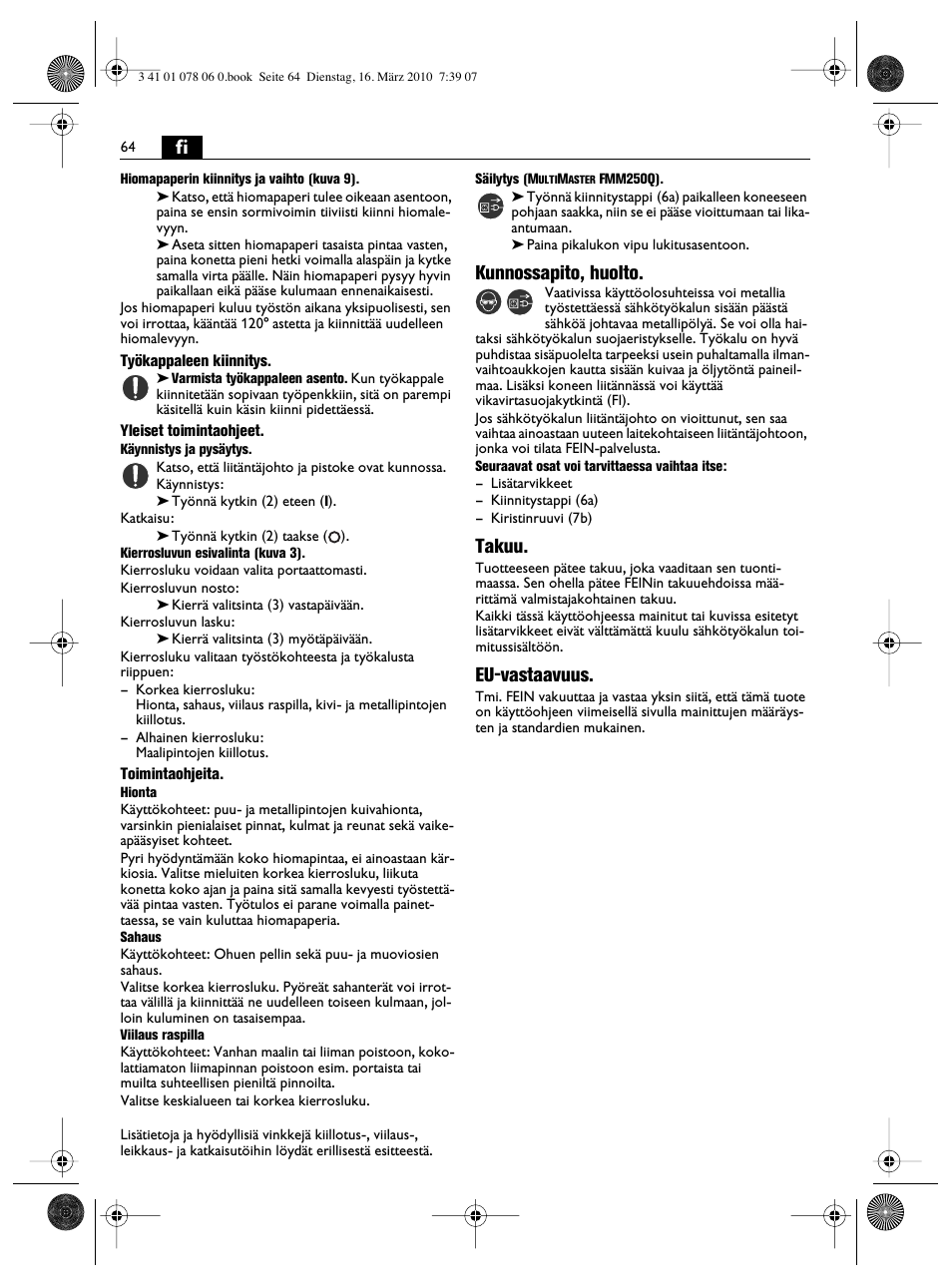 Kunnossapito, huolto, Takuu, Eu-vastaavuus | Fein MultiMaster Marine User Manual | Page 64 / 107
