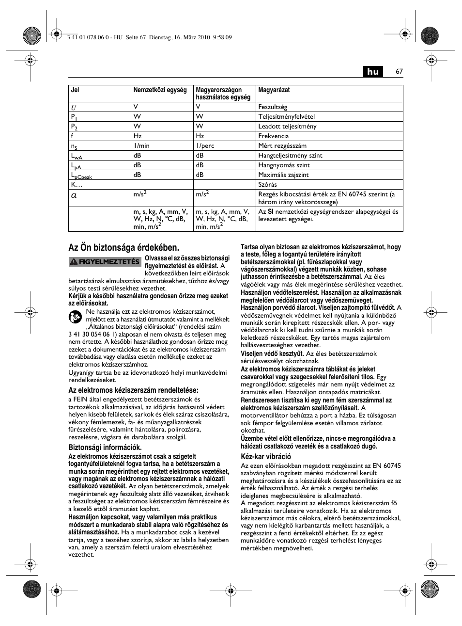 Hu az ön biztonsága érdekében | Fein MultiMaster Marine User Manual | Page 67 / 107