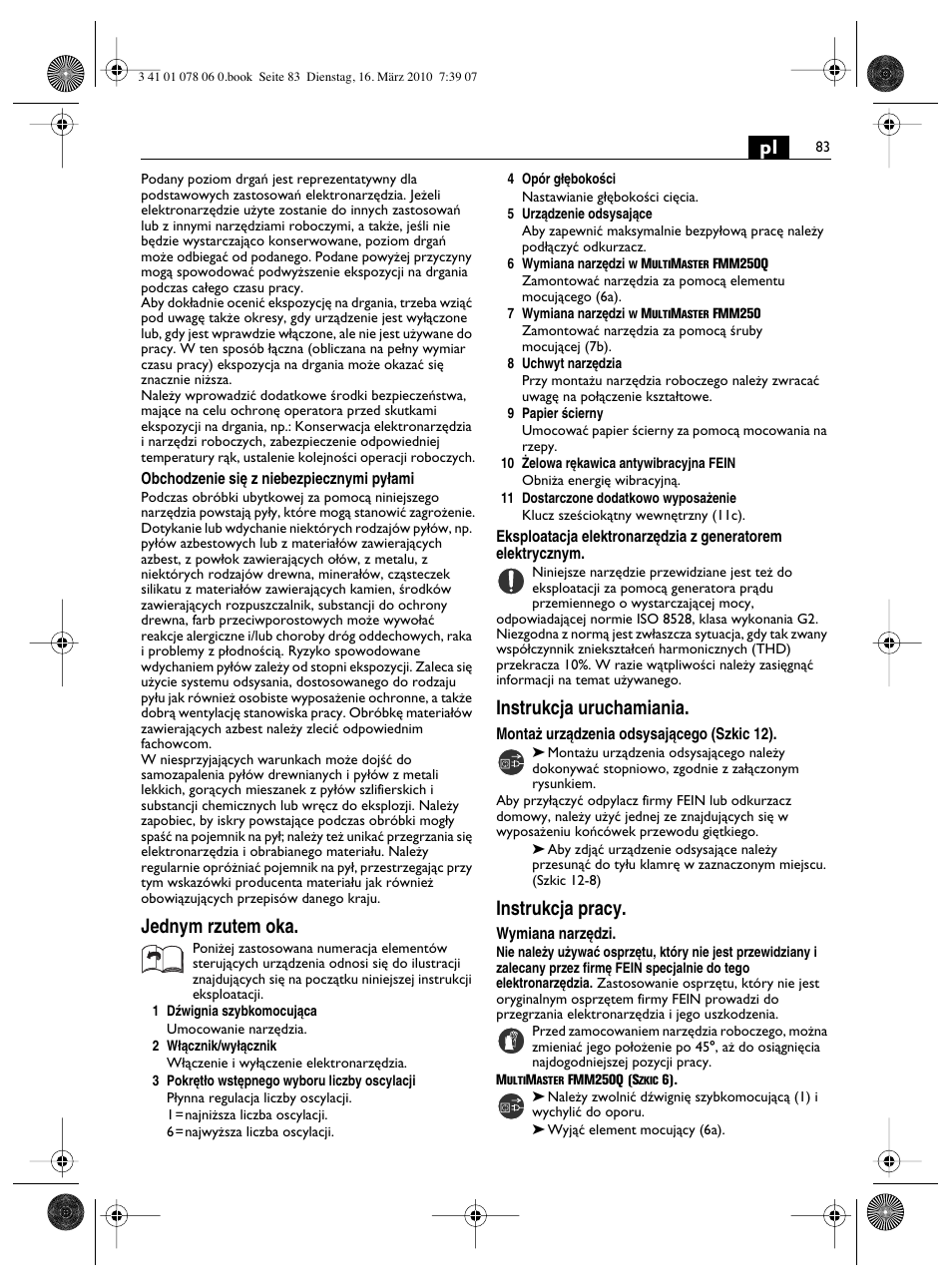 Jednym rzutem oka, Instrukcja uruchamiania, Instrukcja pracy | Fein MultiMaster Marine User Manual | Page 83 / 107