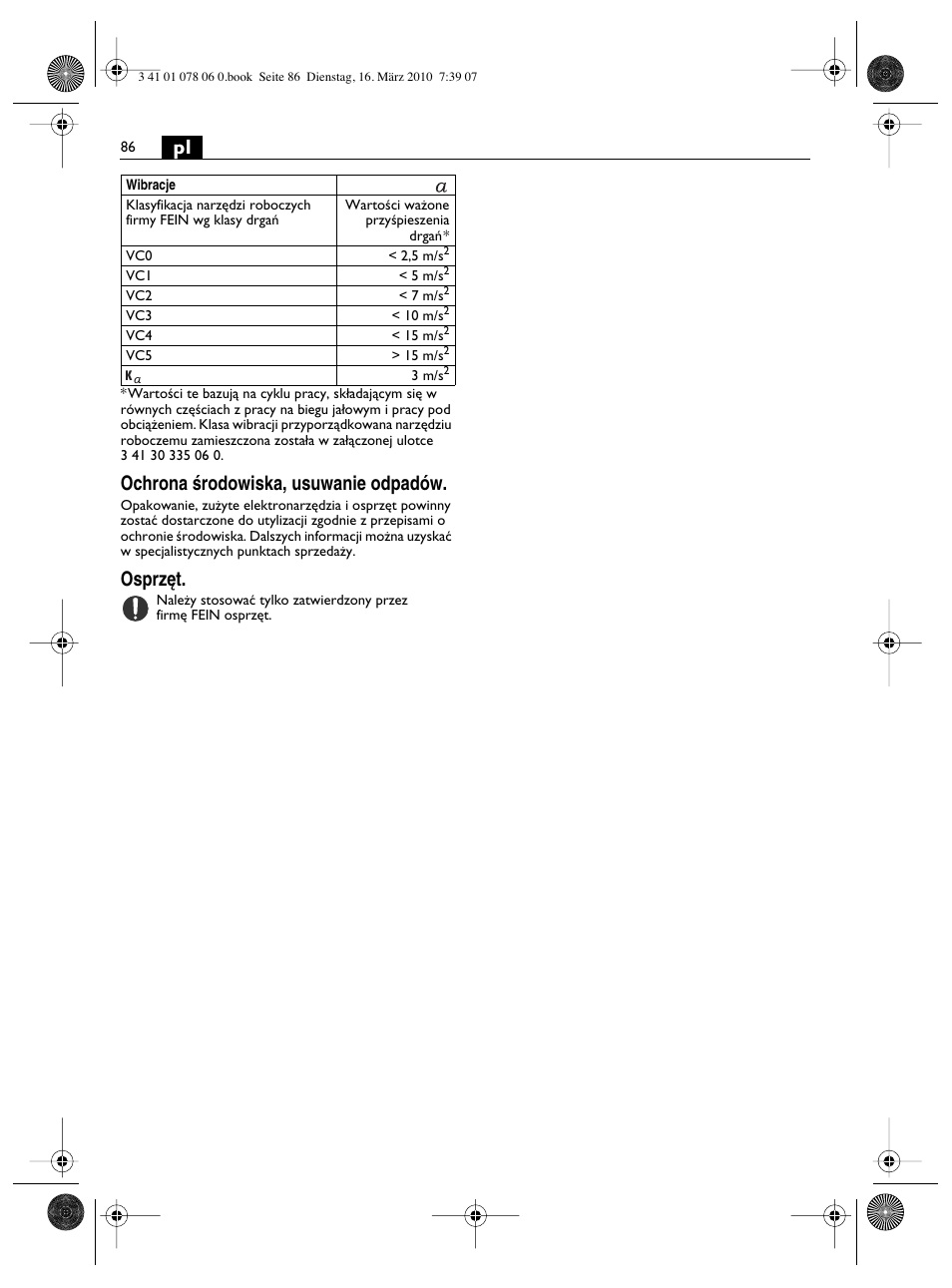 Ochrona êrodowiska, usuwanie odpadów, Osprz´t | Fein MultiMaster Marine User Manual | Page 86 / 107