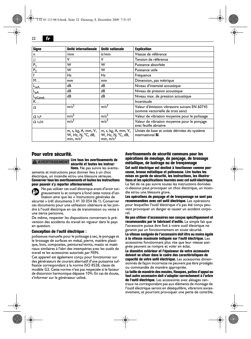 Fr pour votre sécurité | Fein WPO 14-15E User Manual | Page 22 / 94