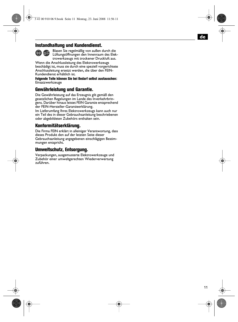 De instandhaltung und kundendienst, Gewährleistung und garantie, Konformitätserklärung | Umweltschutz, entsorgung | Fein ASte636 User Manual | Page 11 / 61
