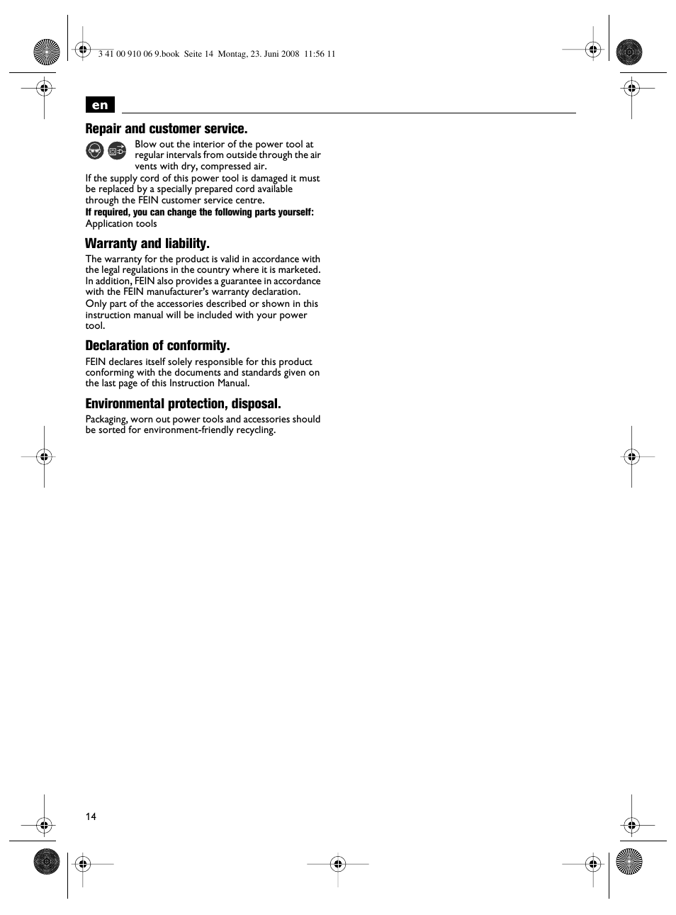 En repair and customer service, Warranty and liability, Declaration of conformity | Environmental protection, disposal | Fein ASte636 User Manual | Page 14 / 61