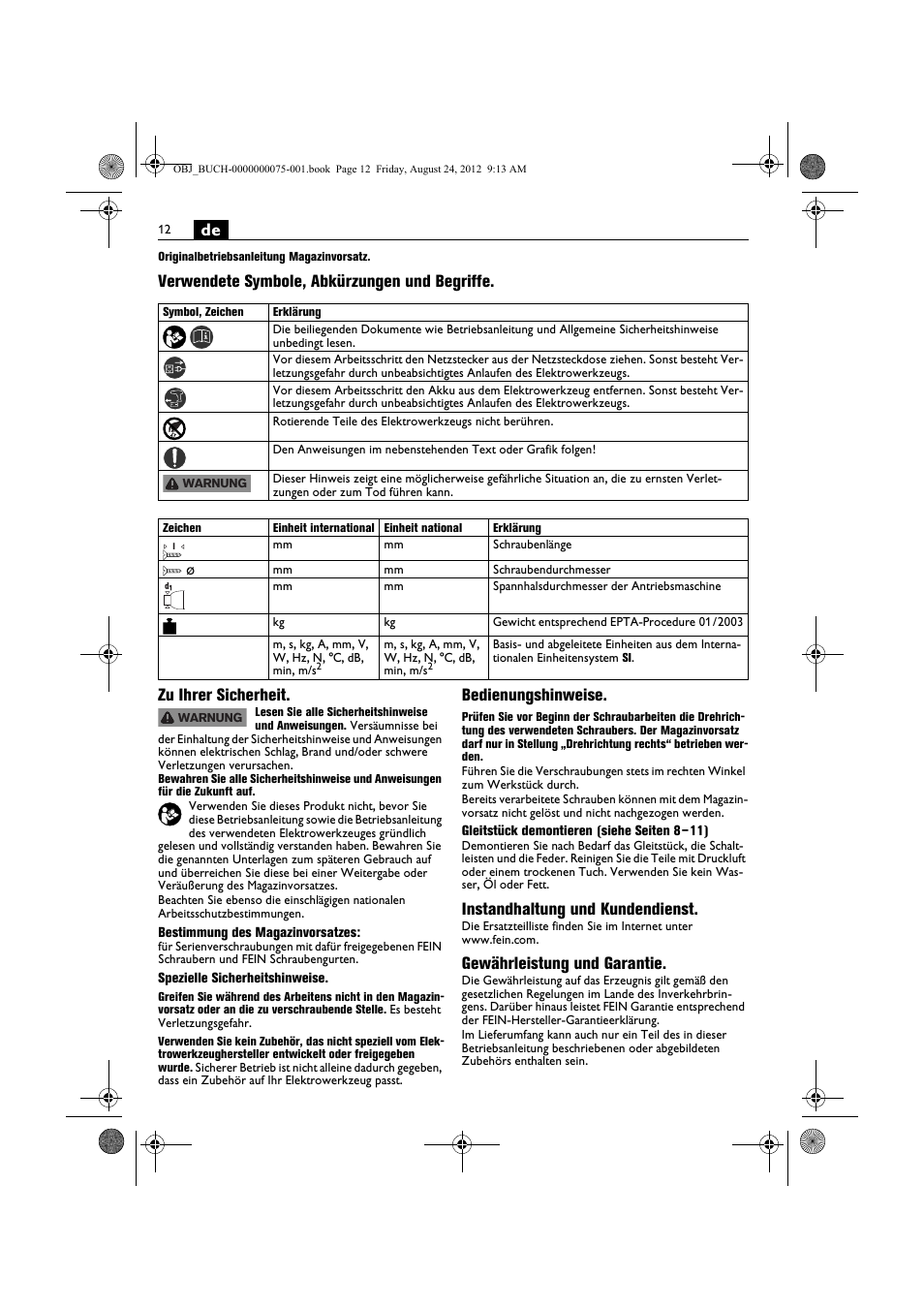 Bedienungshinweise, Instandhaltung und kundendienst, Gewährleistung und garantie | Fein ASCT18M магазин User Manual | Page 12 / 63