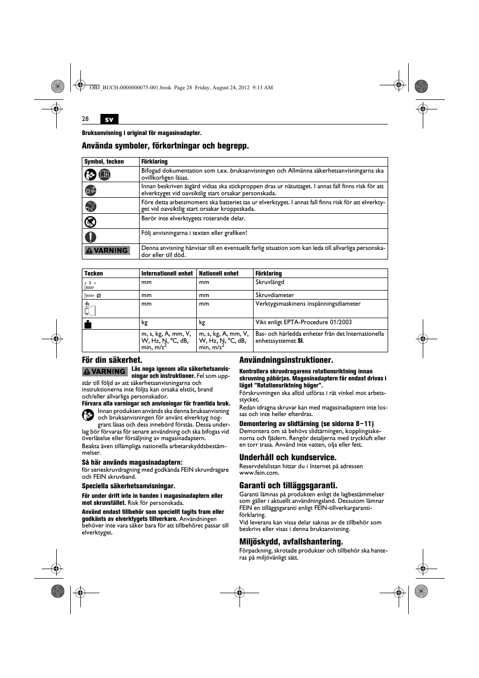 Användningsinstruktioner, Underhåll och kundservice, Garanti och tilläggsgaranti | Miljöskydd, avfallshantering | Fein ASCT18M магазин User Manual | Page 28 / 63