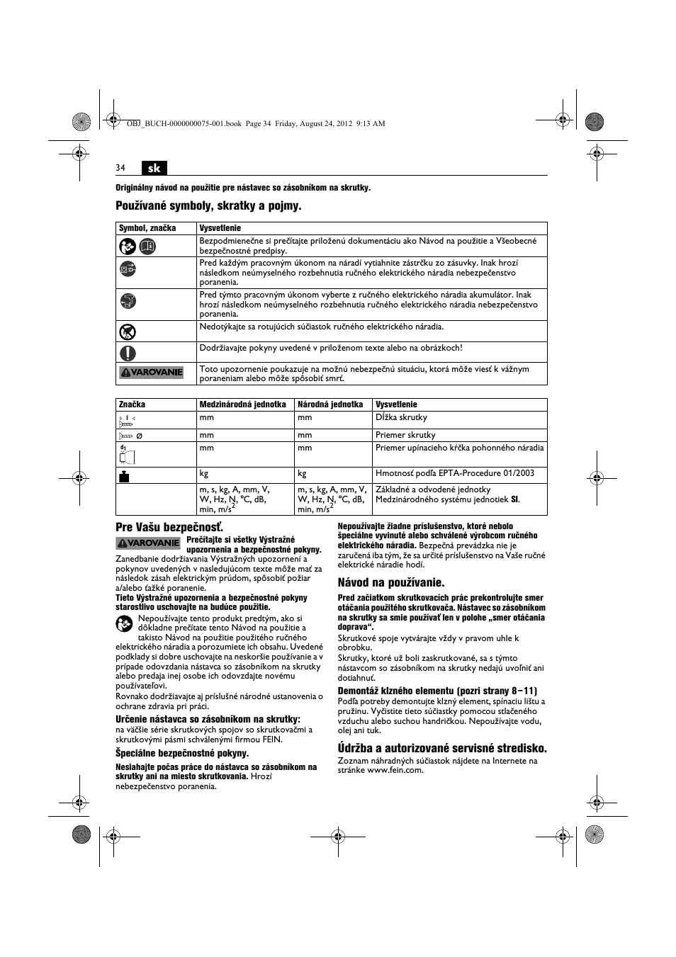 Návod na používanie, Údržba a autorizované servisné stredisko | Fein ASCT18M магазин User Manual | Page 34 / 63