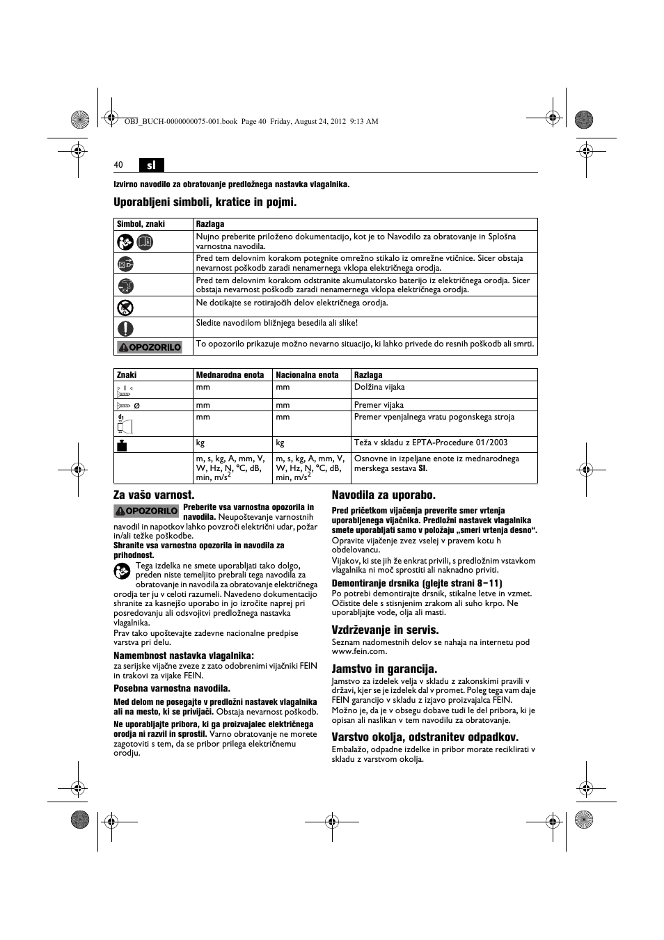 Navodila za uporabo, Vzdrževanje in servis, Jamstvo in garancija | Varstvo okolja, odstranitev odpadkov | Fein ASCT18M магазин User Manual | Page 40 / 63