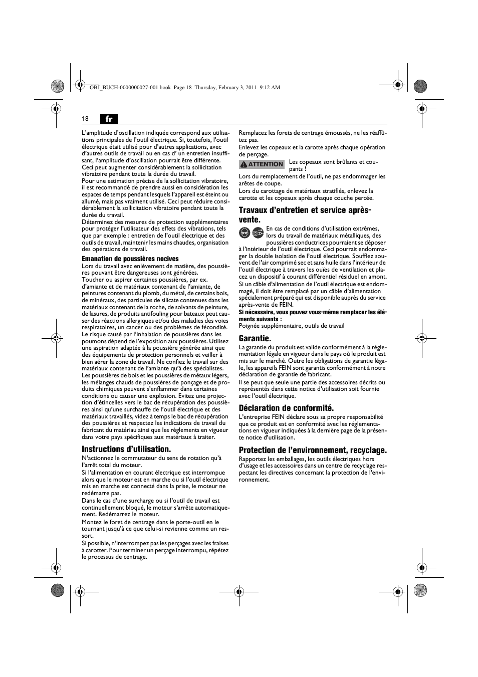 Instructions d’utilisation, Travaux d’entretien et service après- vente, Garantie | Déclaration de conformité, Protection de l’environnement, recyclage | Fein KBH25 User Manual | Page 18 / 117