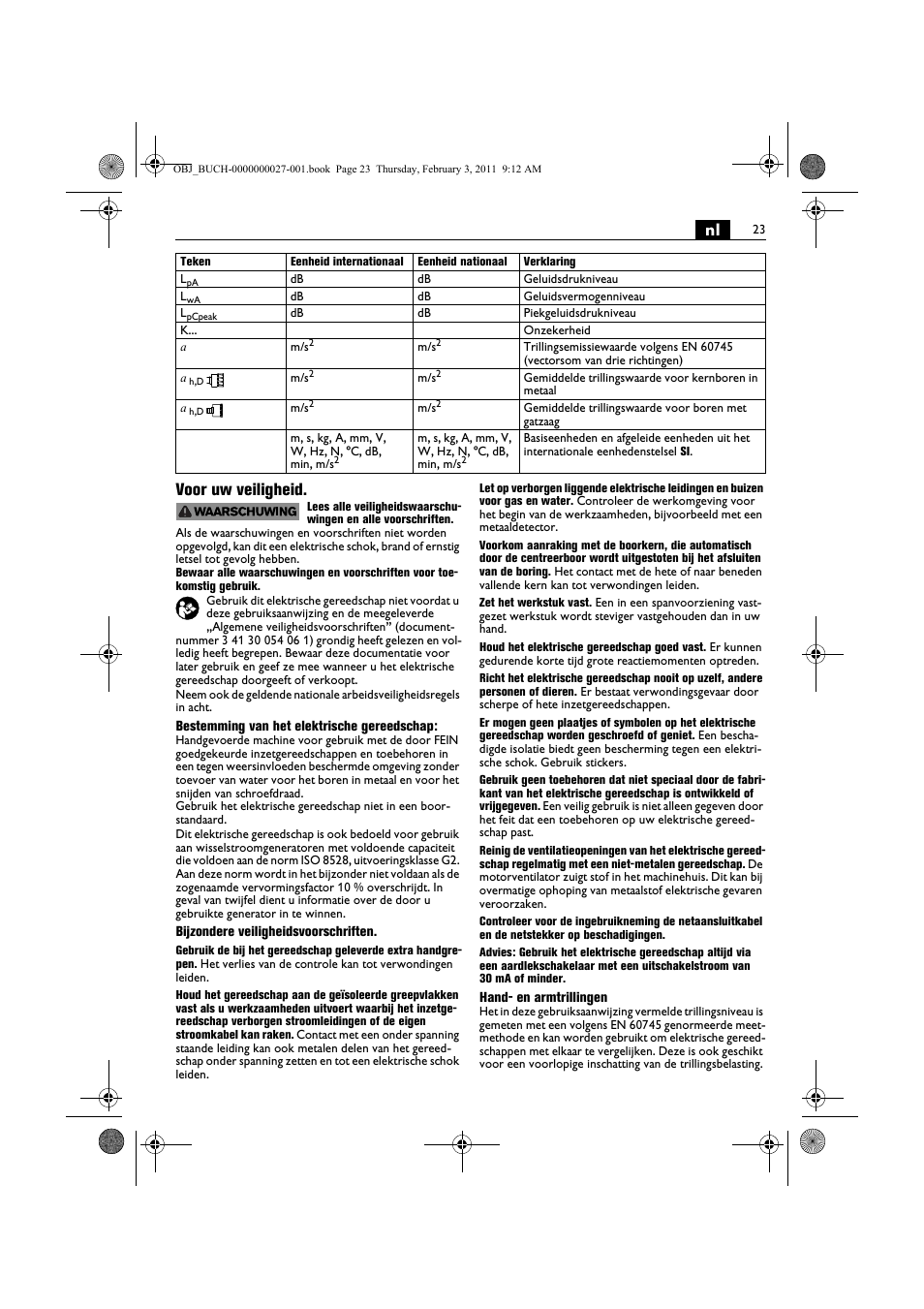 Nl voor uw veiligheid | Fein KBH25 User Manual | Page 23 / 117