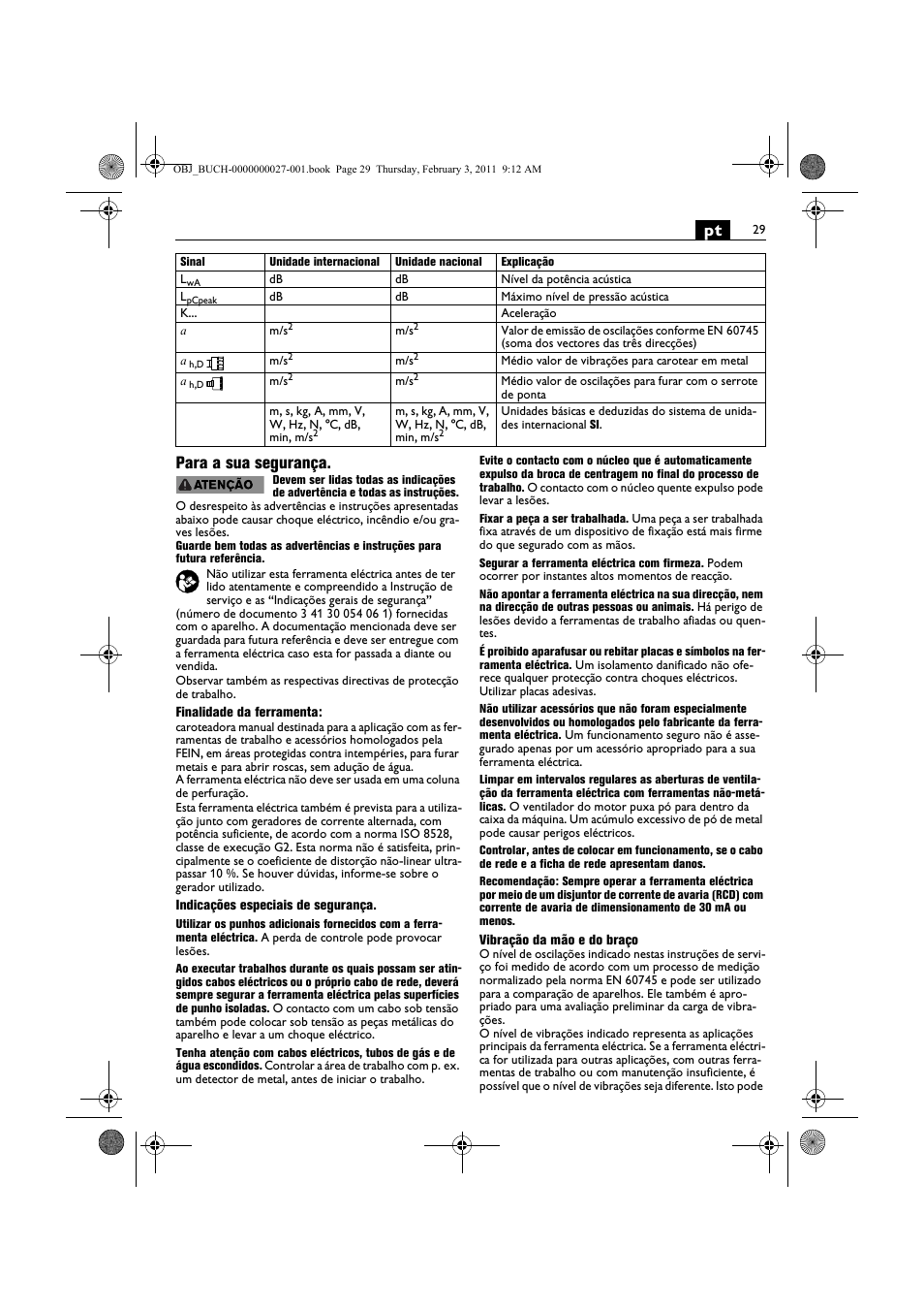 Pt para a sua segurança | Fein KBH25 User Manual | Page 29 / 117