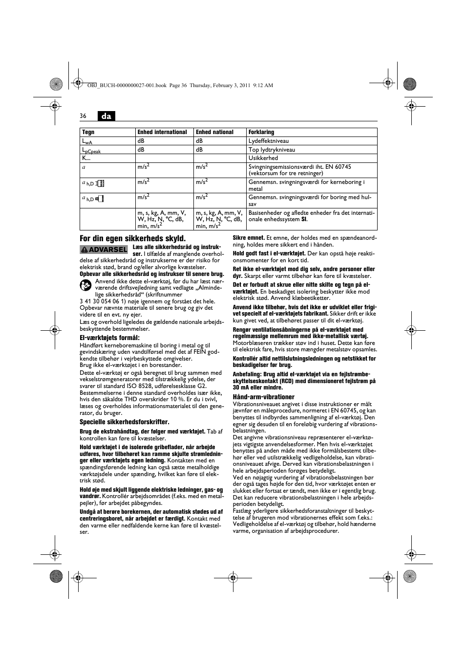 Da for din egen sikkerheds skyld | Fein KBH25 User Manual | Page 36 / 117