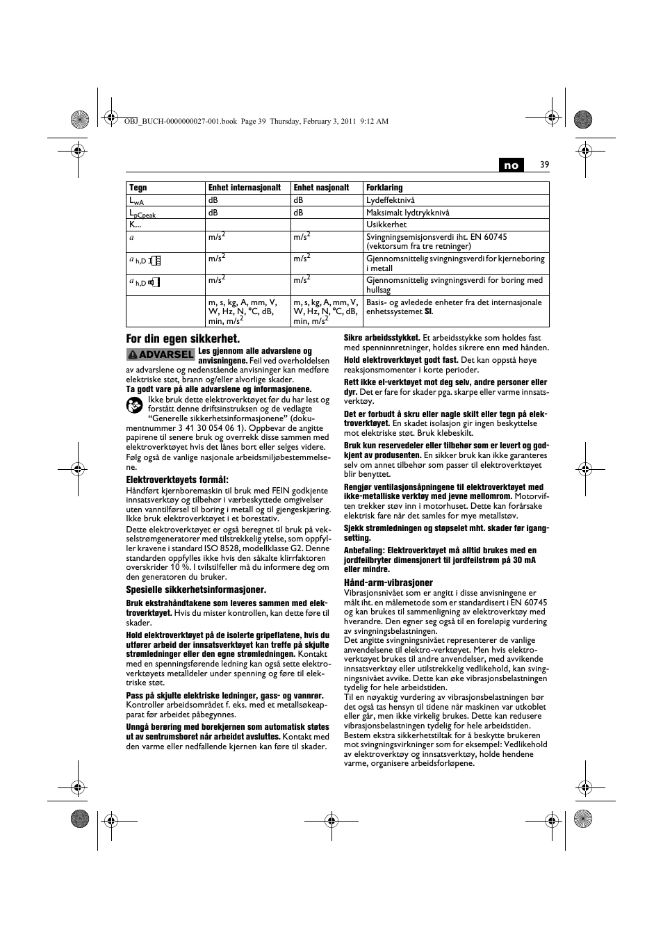 No for din egen sikkerhet | Fein KBH25 User Manual | Page 39 / 117