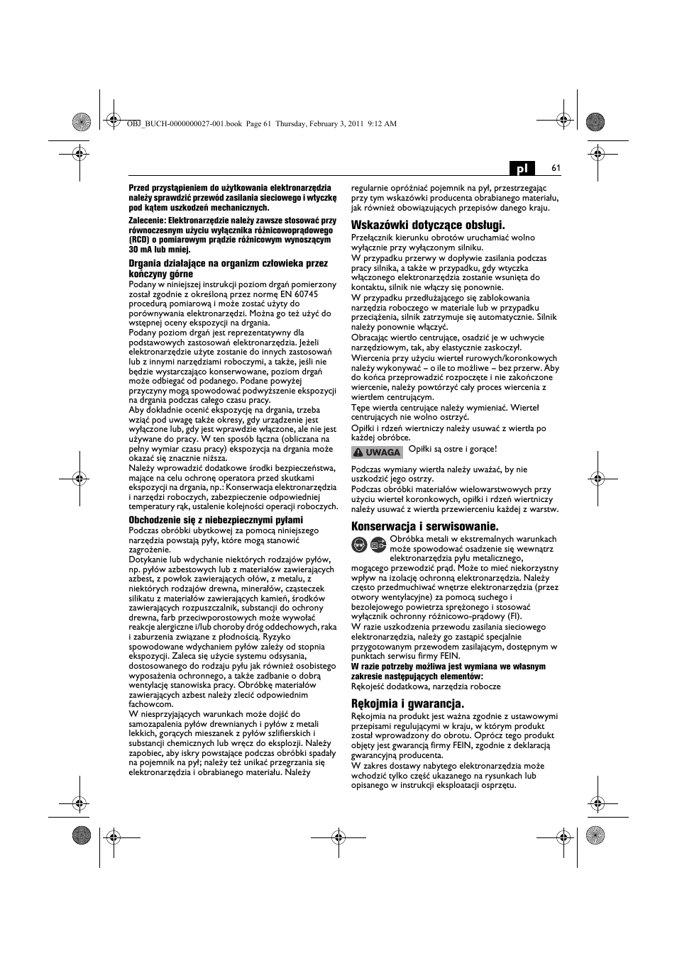 Wskazówki dotyczące obsługi, Konserwacja i serwisowanie, Rękojmia i gwarancja | Fein KBH25 User Manual | Page 61 / 117