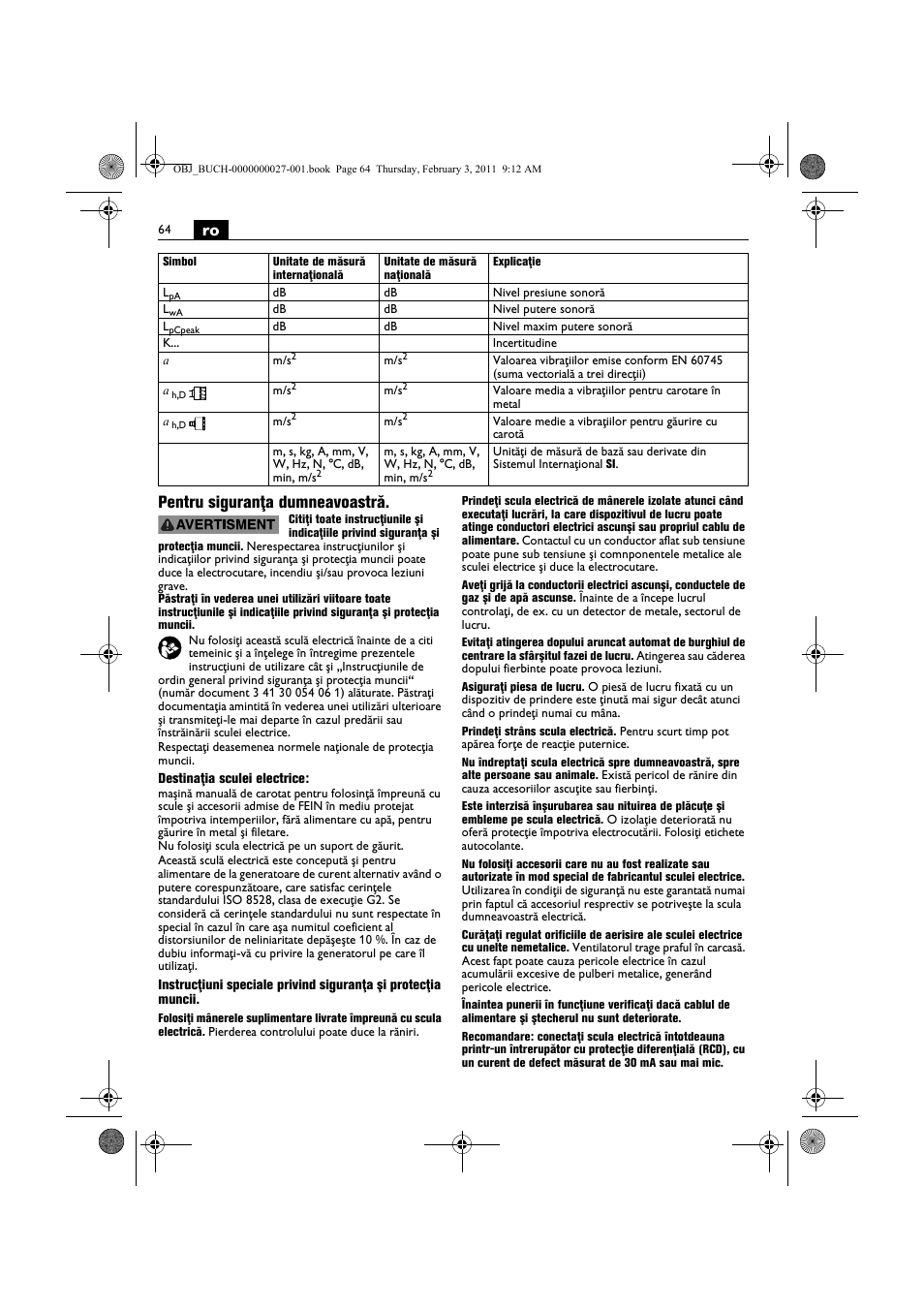 Ro pentru siguranţa dumneavoastră | Fein KBH25 User Manual | Page 64 / 117