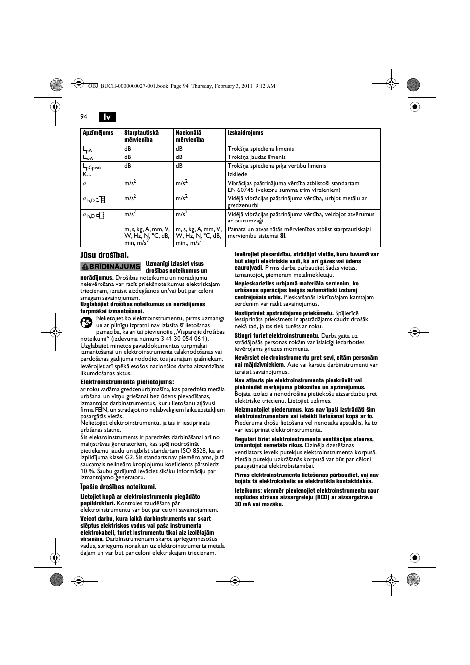 Lv jūsu drošībai | Fein KBH25 User Manual | Page 94 / 117