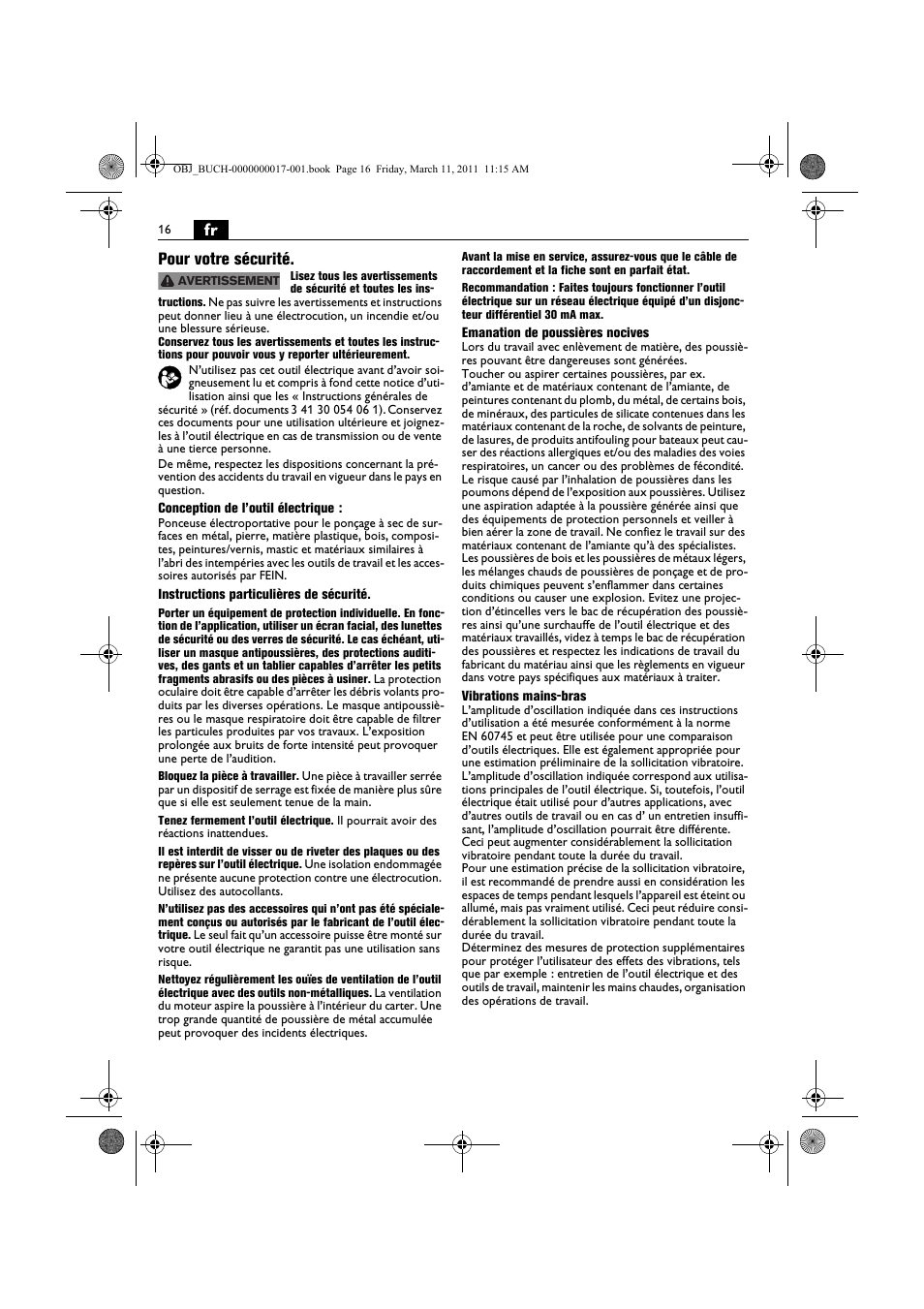 Fr pour votre sécurité | Fein MSf 636-1 User Manual | Page 16 / 108