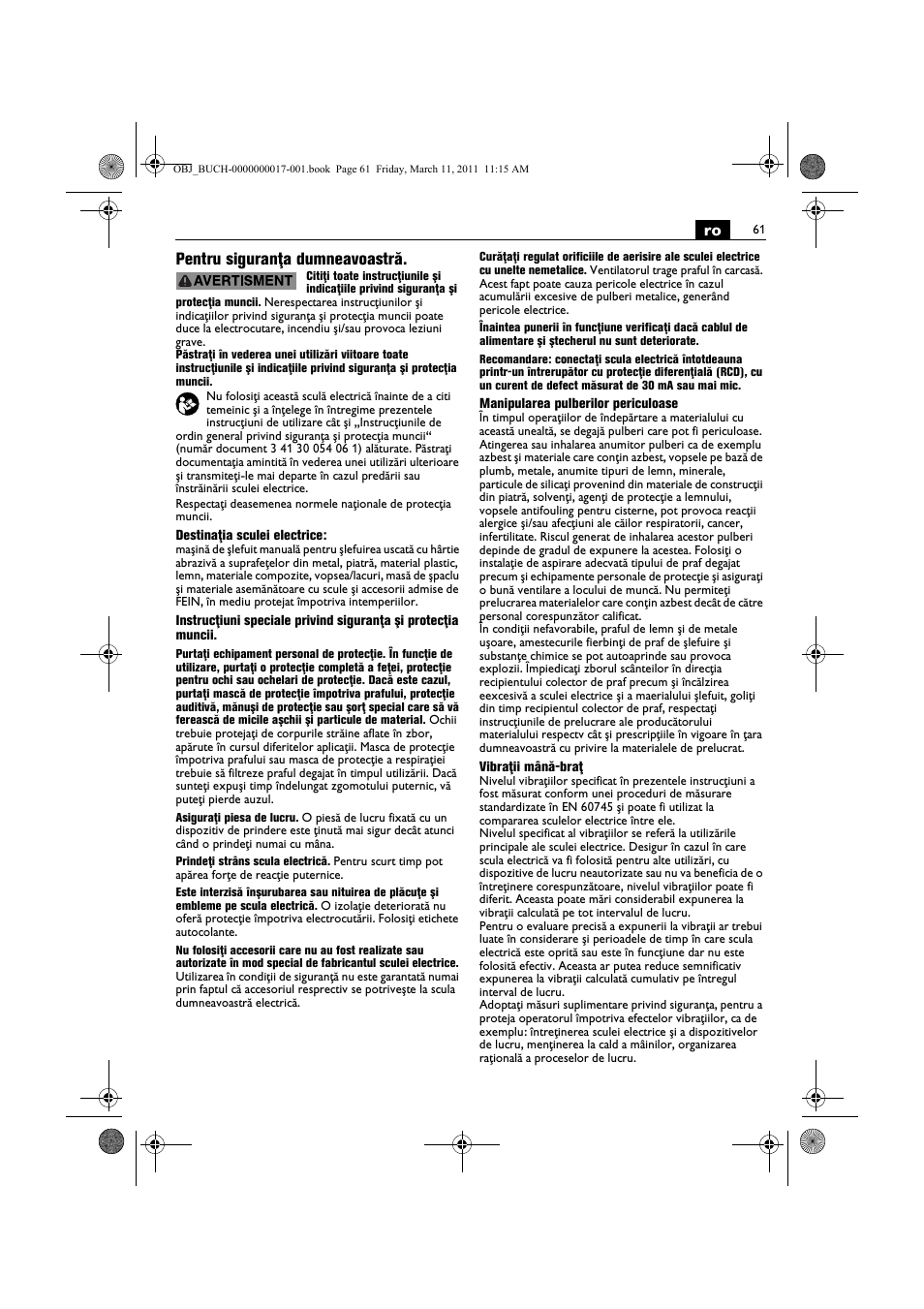 Ro pentru siguranţa dumneavoastră | Fein MSf 636-1 User Manual | Page 61 / 108