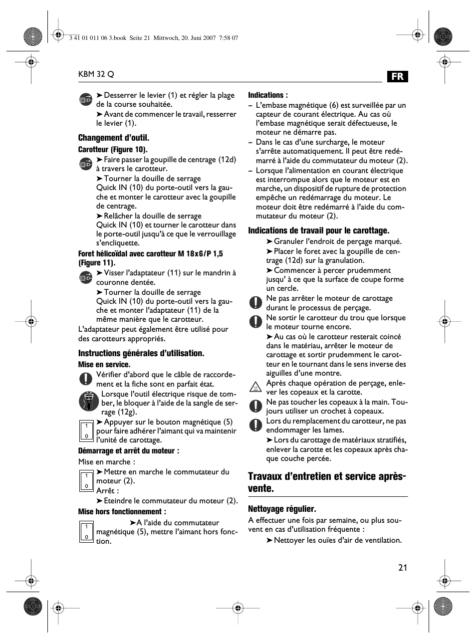 Travaux d’entretien et service après- vente | Fein KBM32Q User Manual | Page 21 / 121