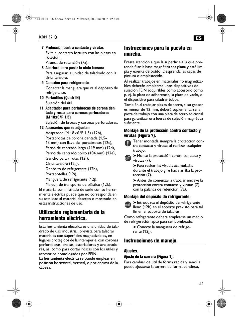 Instrucciones para la puesta en marcha, Instrucciones de manejo | Fein KBM32Q User Manual | Page 41 / 121