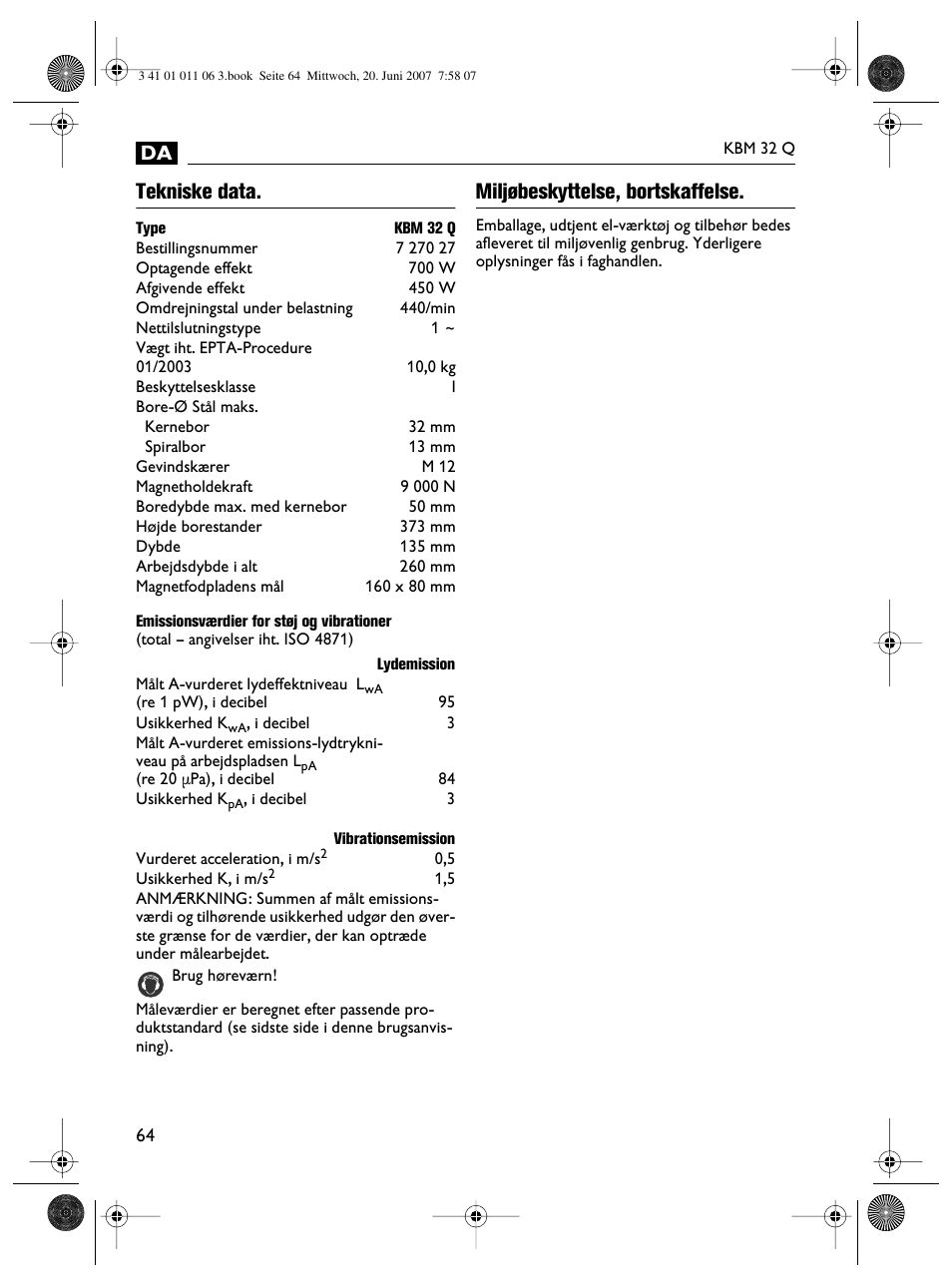 Tekniske data, Miljøbeskyttelse, bortskaffelse | Fein KBM32Q User Manual | Page 64 / 121