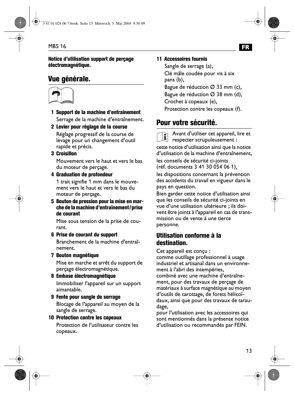 Vue générale, Pour votre sécurité | Fein MBS16 User Manual | Page 13 / 78