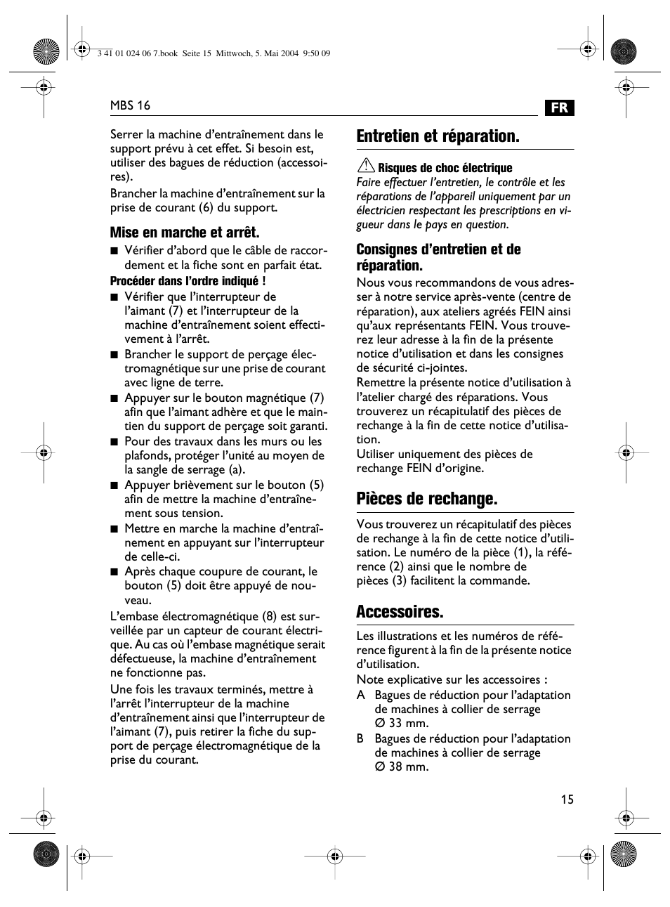 Entretien et réparation, Pièces de rechange, Accessoires | Fein MBS16 User Manual | Page 15 / 78
