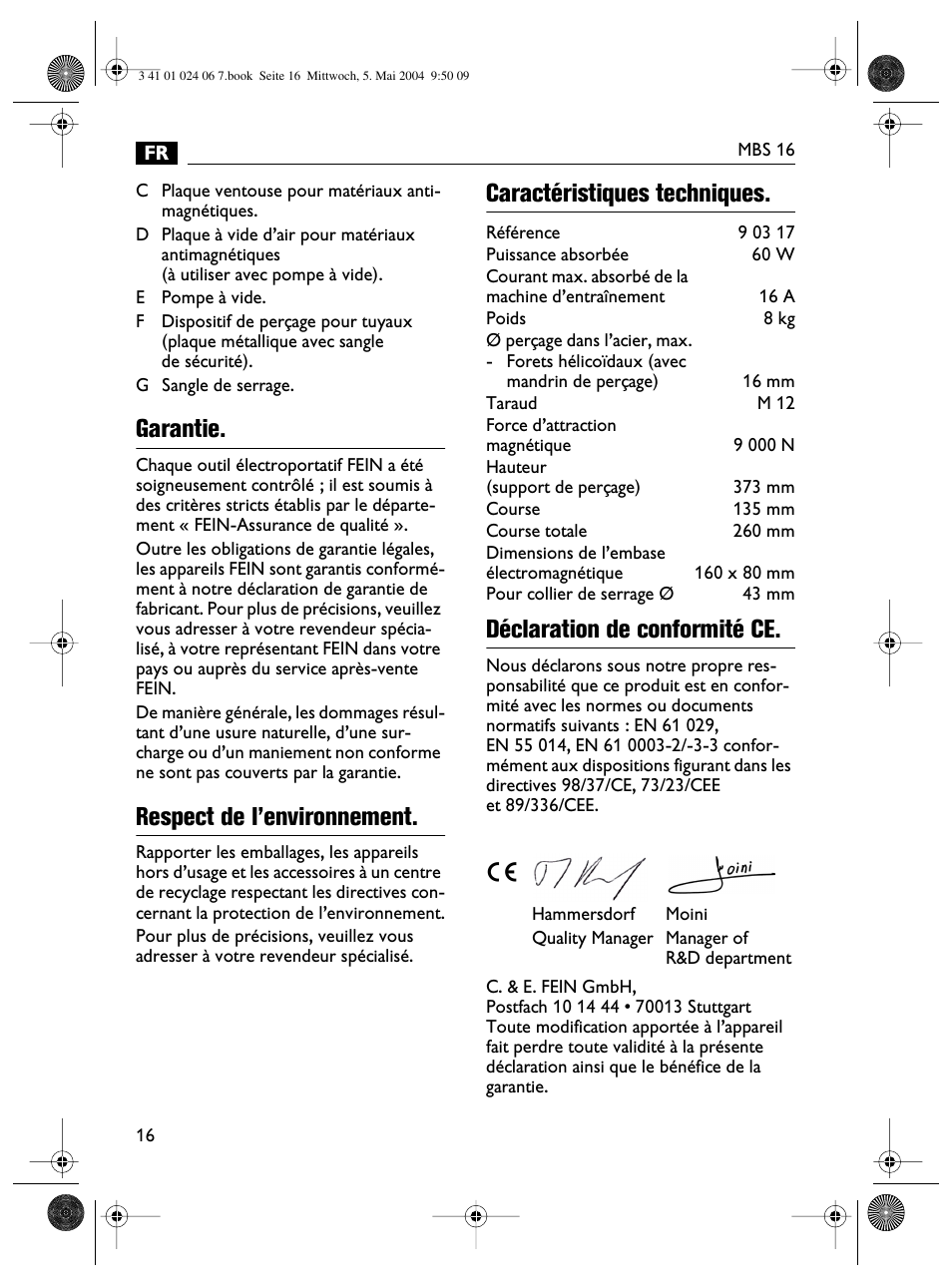 Garantie, Respect de l’environnement | Fein MBS16 User Manual | Page 16 / 78