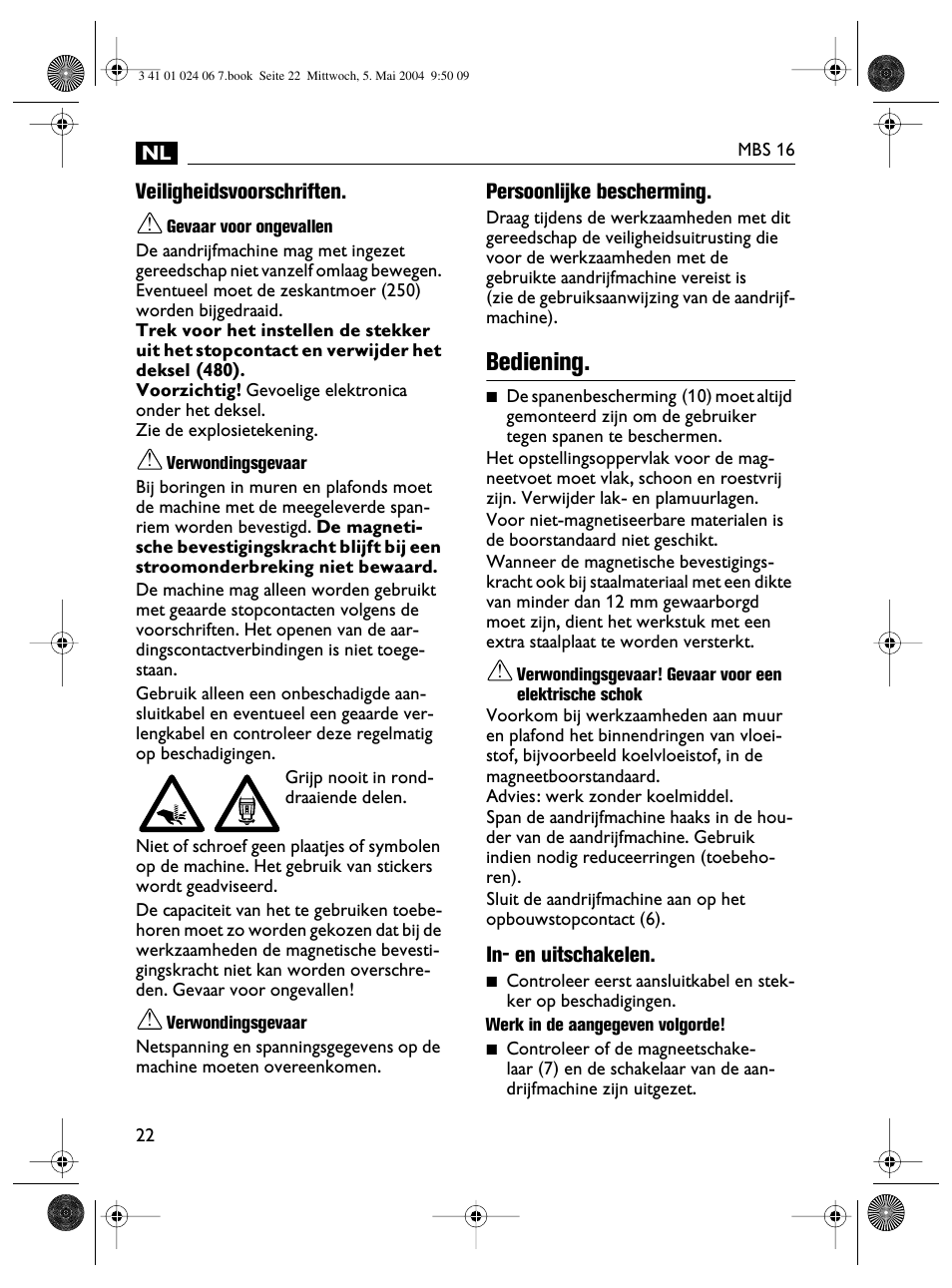 Bediening | Fein MBS16 User Manual | Page 22 / 78