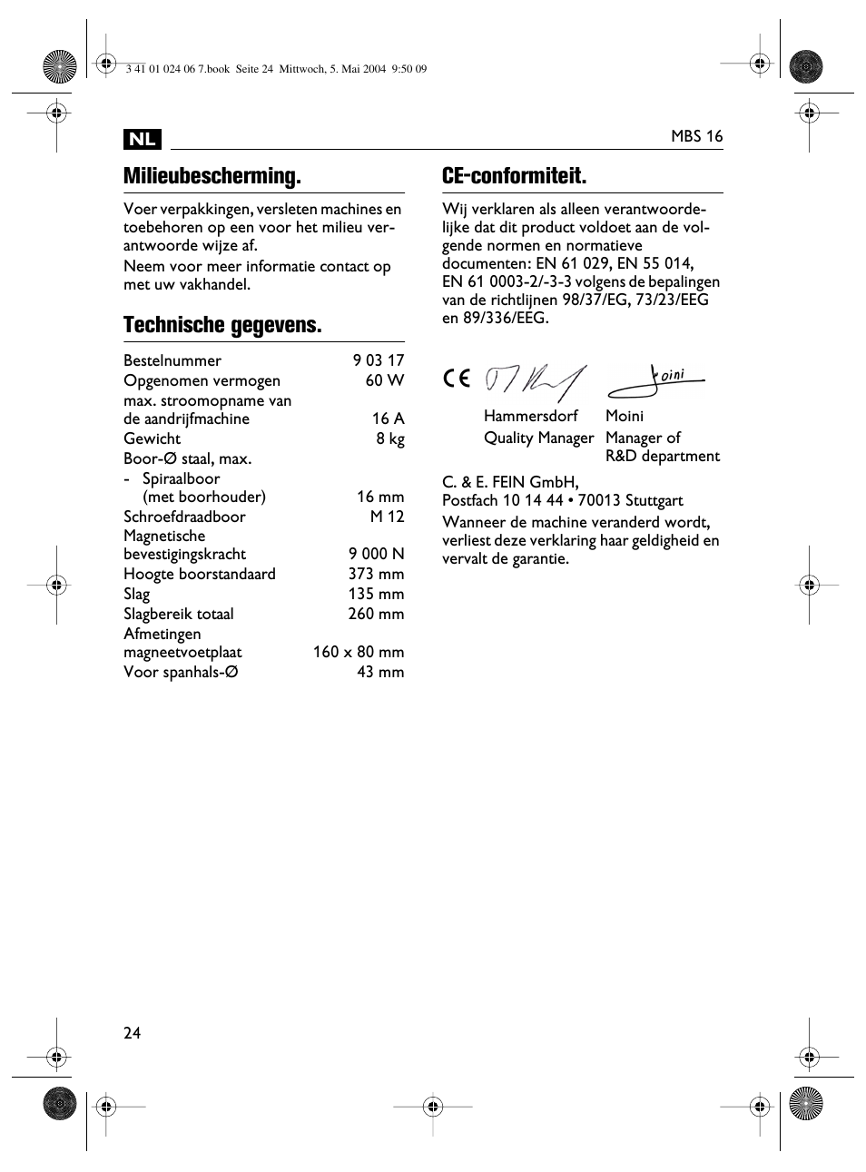Milieubescherming, Technische gegevens. ce-conformiteit | Fein MBS16 User Manual | Page 24 / 78