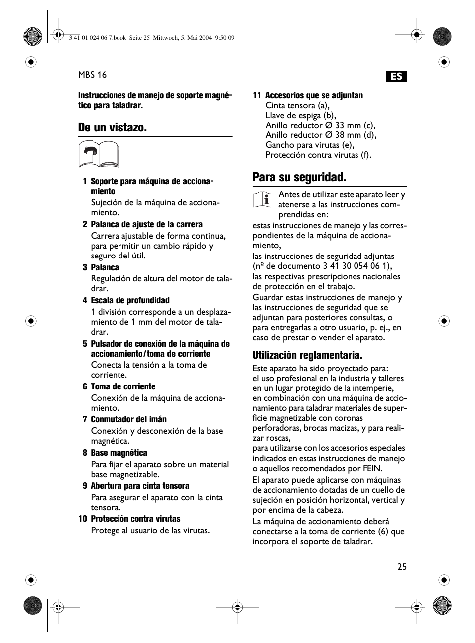 De un vistazo, Para su seguridad | Fein MBS16 User Manual | Page 25 / 78