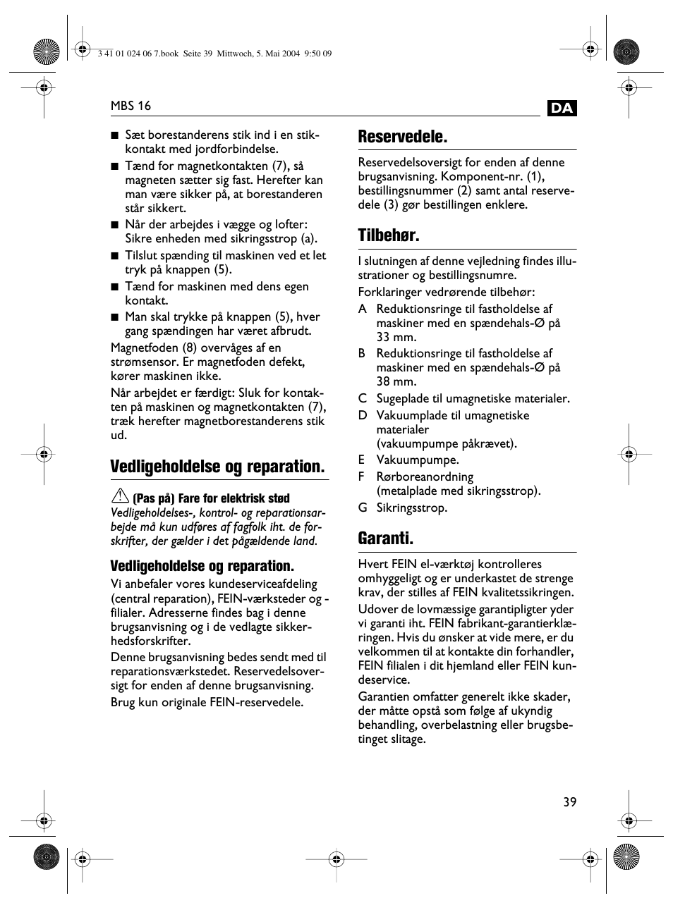 Vedligeholdelse og reparation, Reservedele, Tilbehør | Garanti | Fein MBS16 User Manual | Page 39 / 78