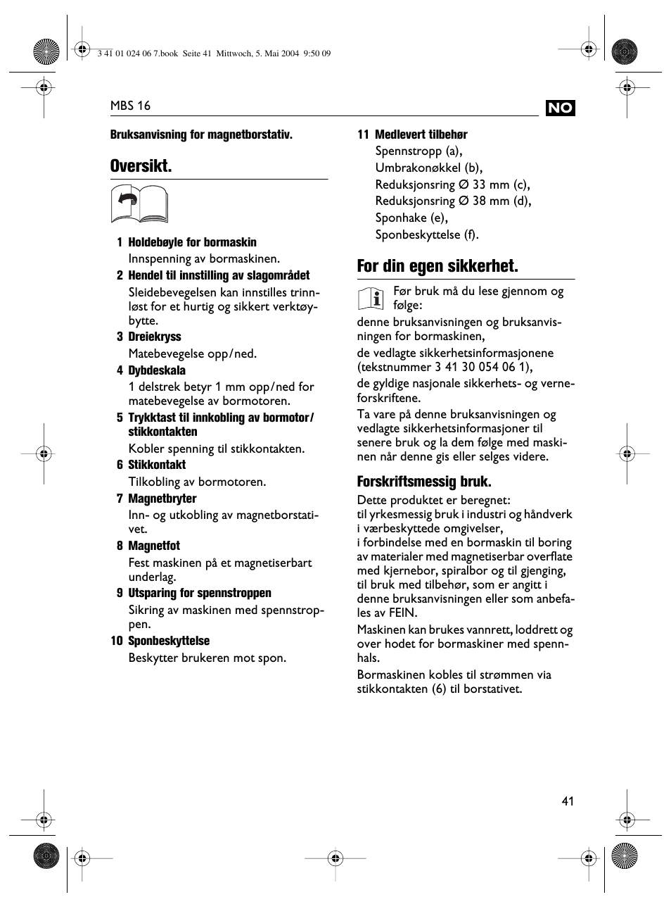 Oversikt, For din egen sikkerhet | Fein MBS16 User Manual | Page 41 / 78