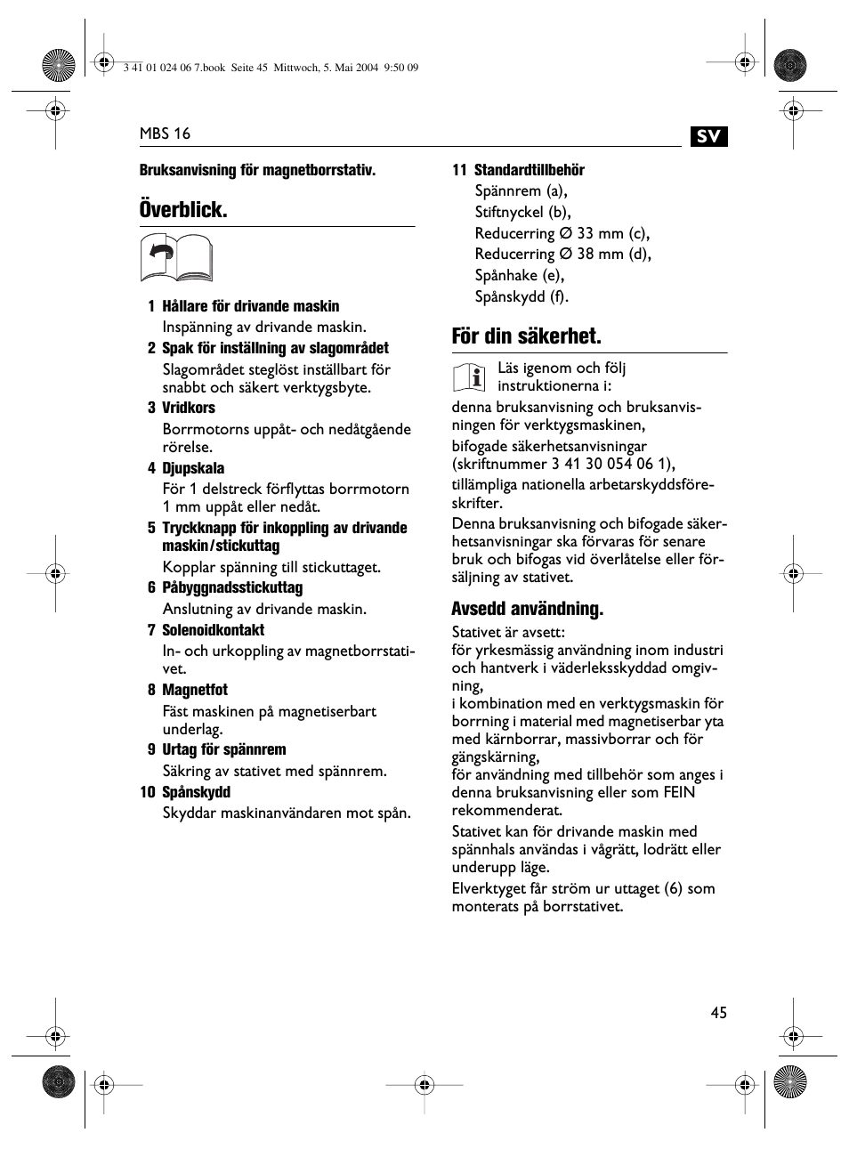 Överblick, För din säkerhet | Fein MBS16 User Manual | Page 45 / 78