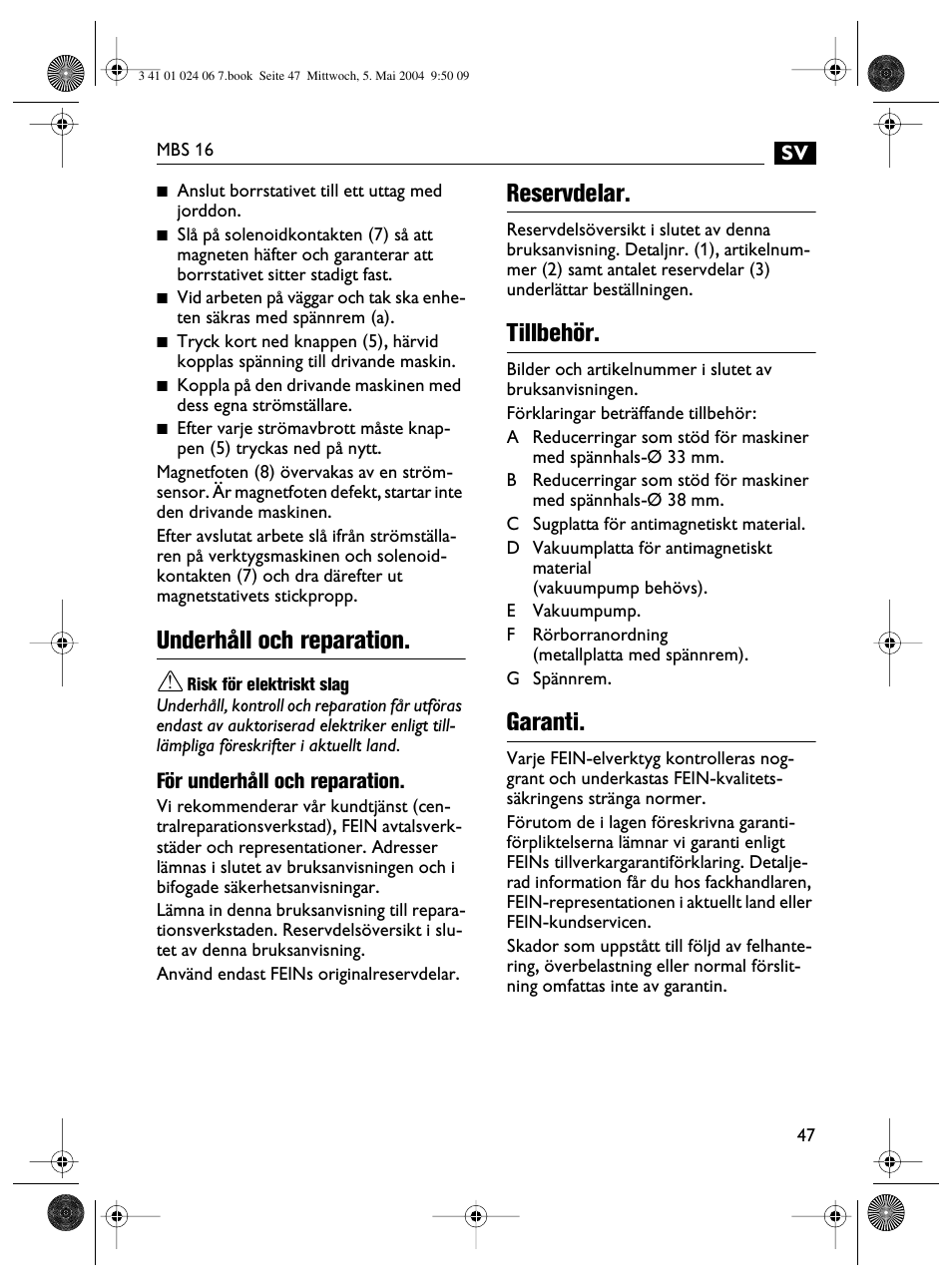 Underhåll och reparation, Reservdelar, Tillbehör | Garanti | Fein MBS16 User Manual | Page 47 / 78