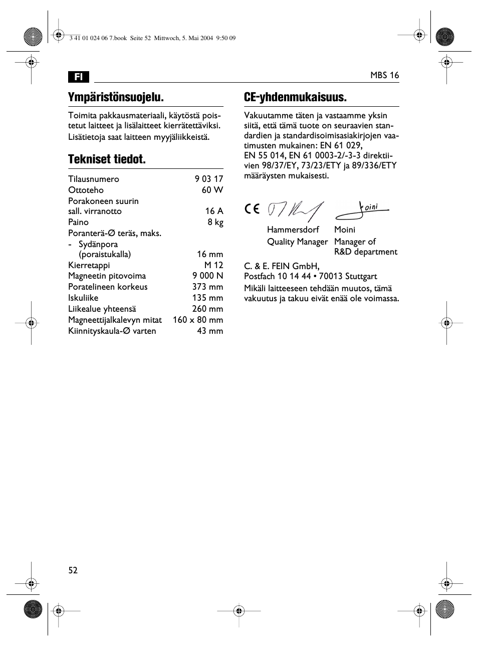 Ympäristönsuojelu, Tekniset tiedot. ce-yhdenmukaisuus | Fein MBS16 User Manual | Page 52 / 78