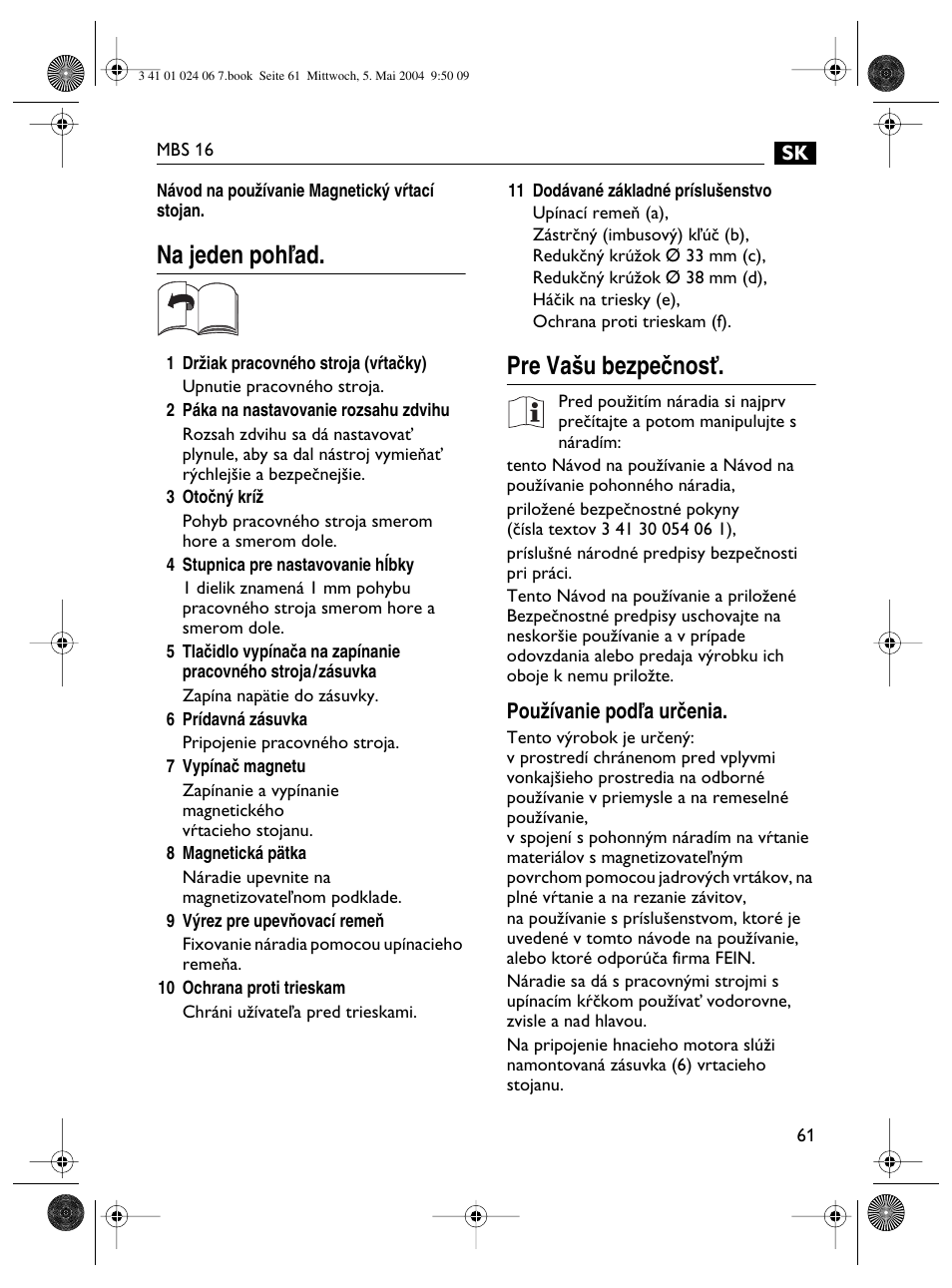 Na jeden pohºad, Pre va‰u bezpeãnosè | Fein MBS16 User Manual | Page 61 / 78