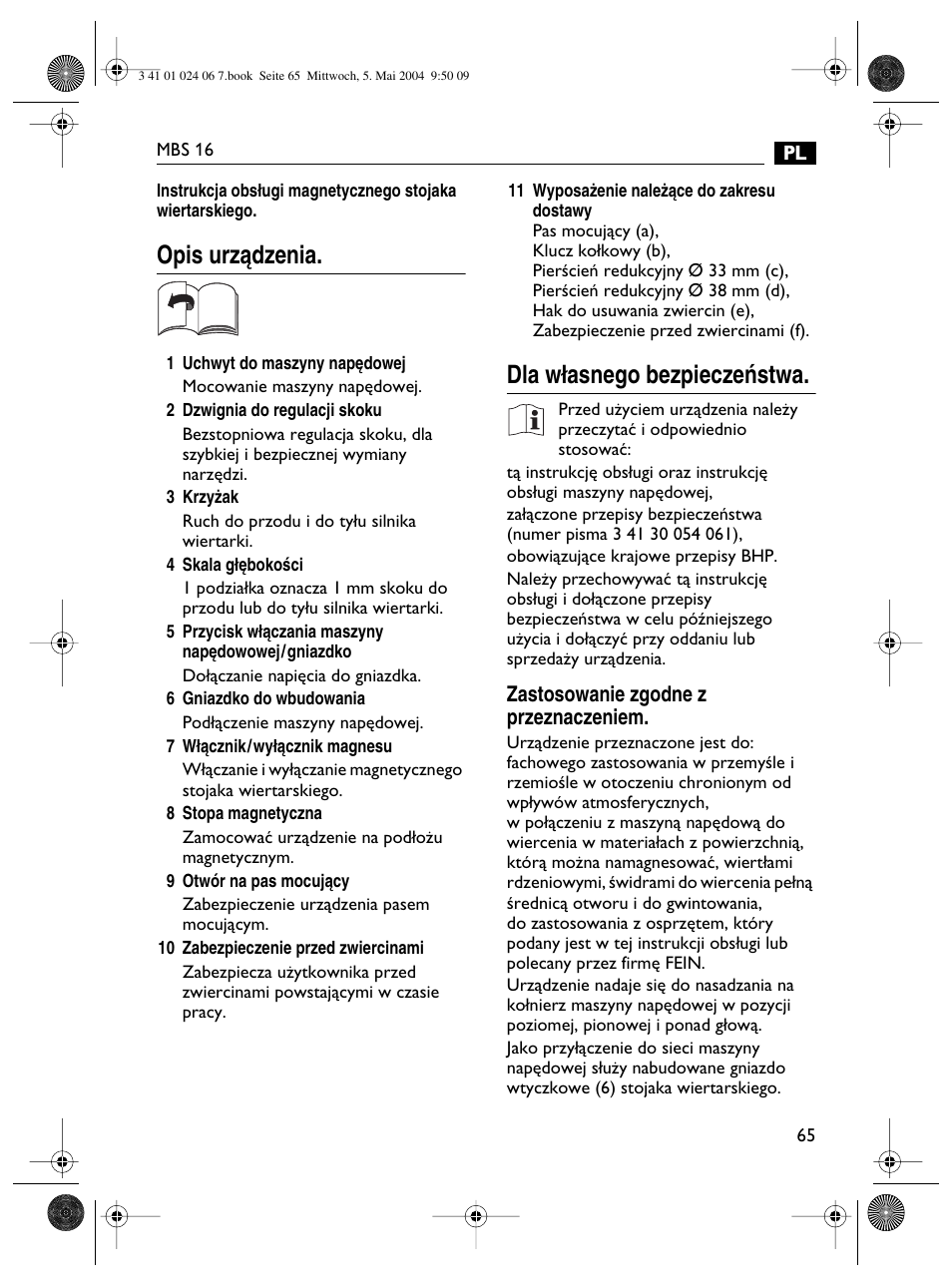 Opis urzàdzenia, Dla w∏asnego bezpieczeƒstwa | Fein MBS16 User Manual | Page 65 / 78