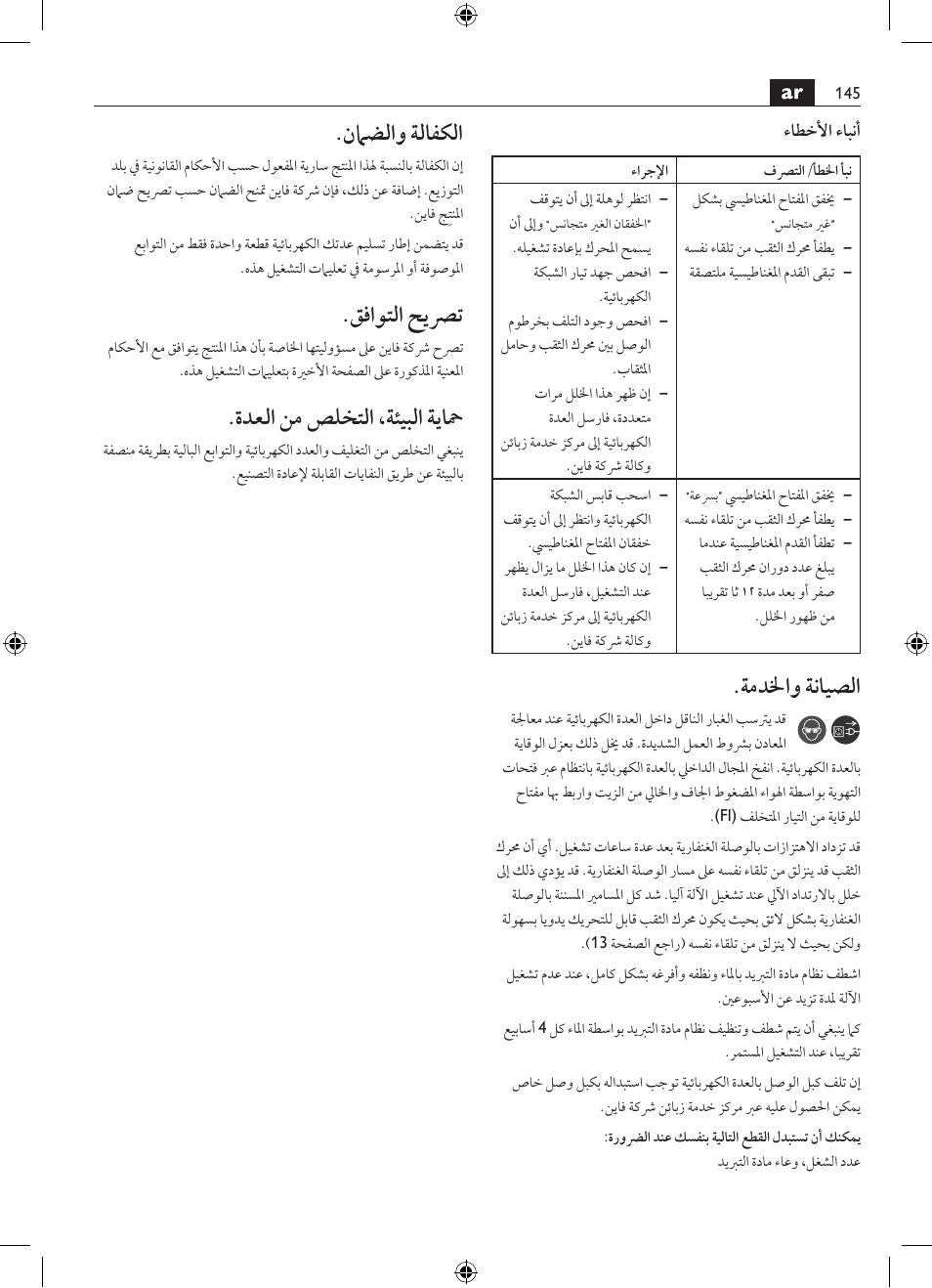 ةمدلخاو ةنايصلا, نماضلاو ةلافكلا, قفاوتلا حيصرت | ةدعلا نم صلختلا ،ةئيبلا ةياحم | Fein KBM80auto User Manual | Page 145 / 148