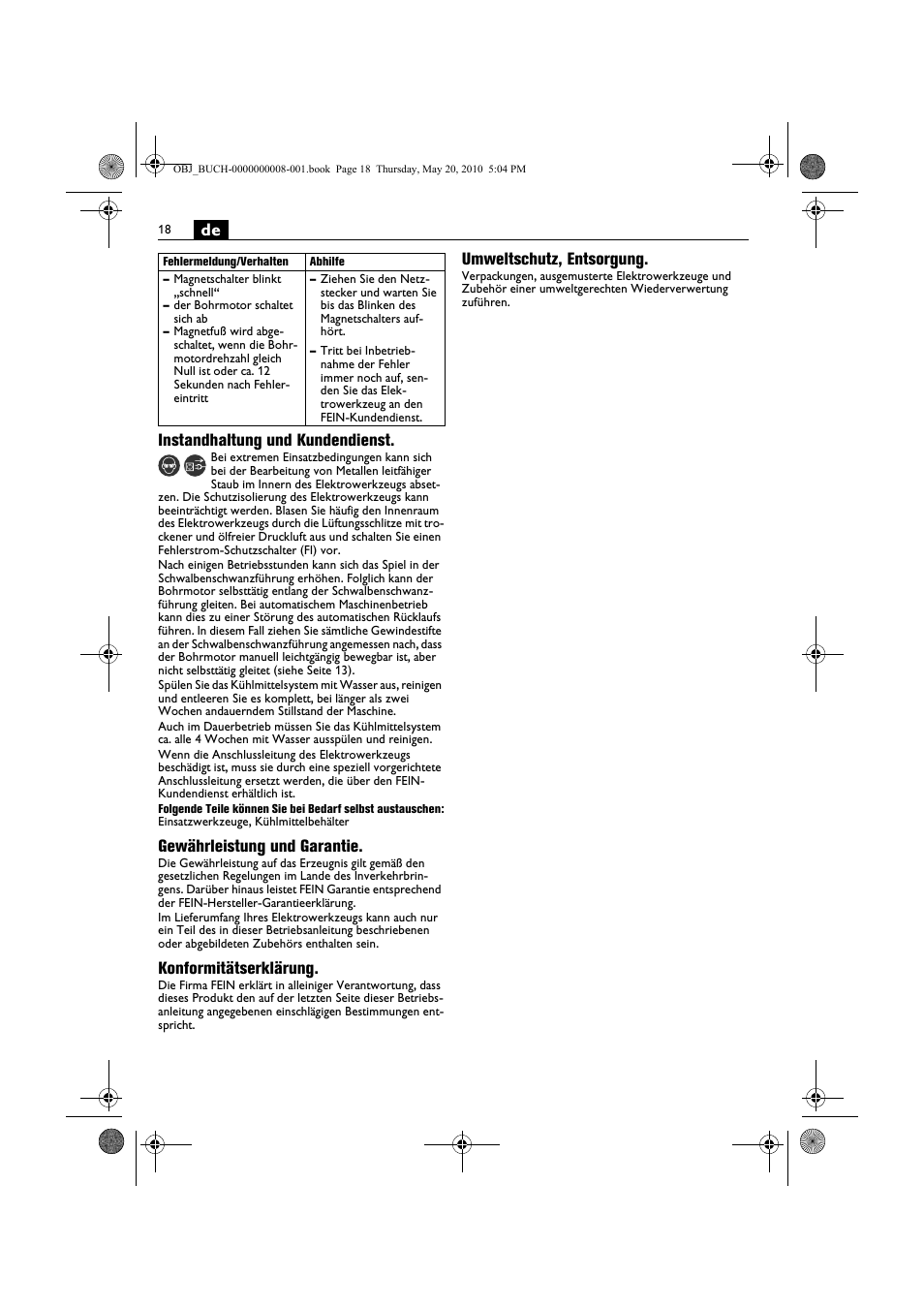 De instandhaltung und kundendienst, Gewährleistung und garantie, Konformitätserklärung | Umweltschutz, entsorgung | Fein KBM80auto User Manual | Page 18 / 148