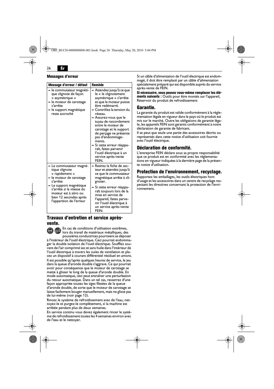 Travaux d’entretien et service après- vente, Garantie, Déclaration de conformité | Protection de l’environnement, recyclage | Fein KBM80auto User Manual | Page 26 / 148
