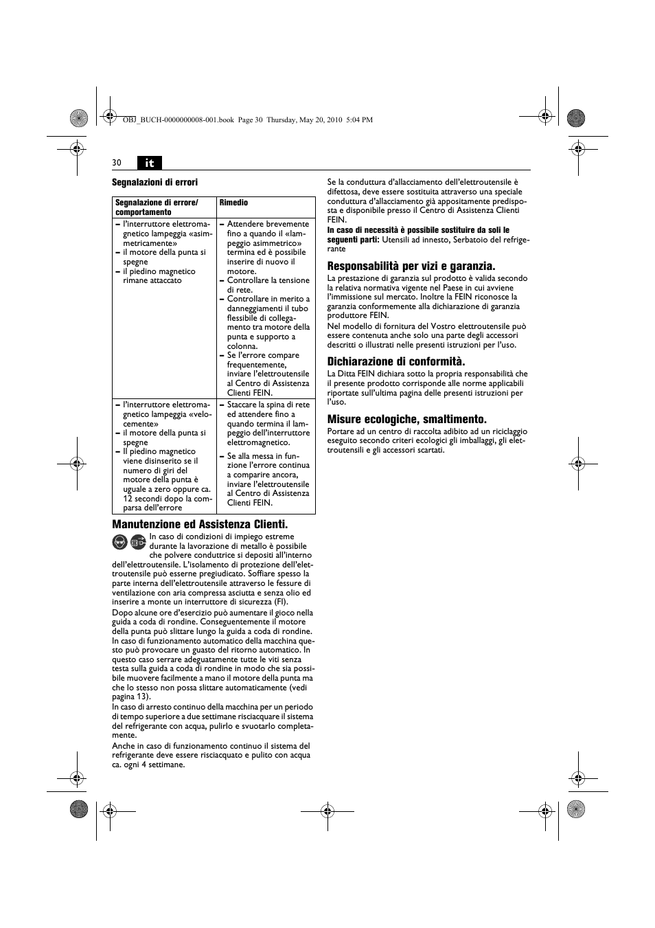 Manutenzione ed assistenza clienti, Responsabilità per vizi e garanzia, Dichiarazione di conformità | Misure ecologiche, smaltimento | Fein KBM80auto User Manual | Page 30 / 148
