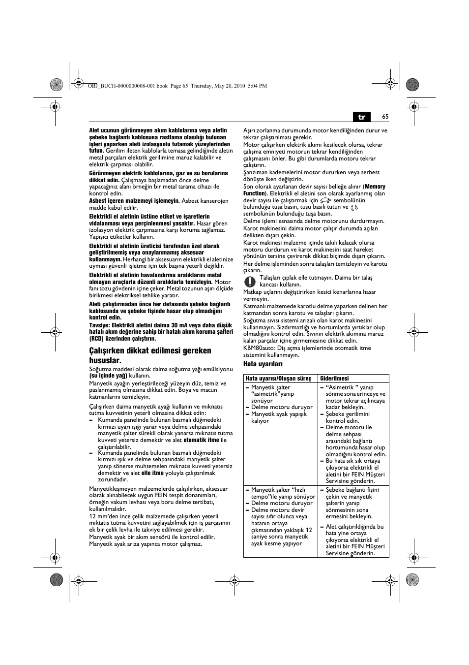 Çalışırken dikkat edilmesi gereken hususlar | Fein KBM80auto User Manual | Page 65 / 148