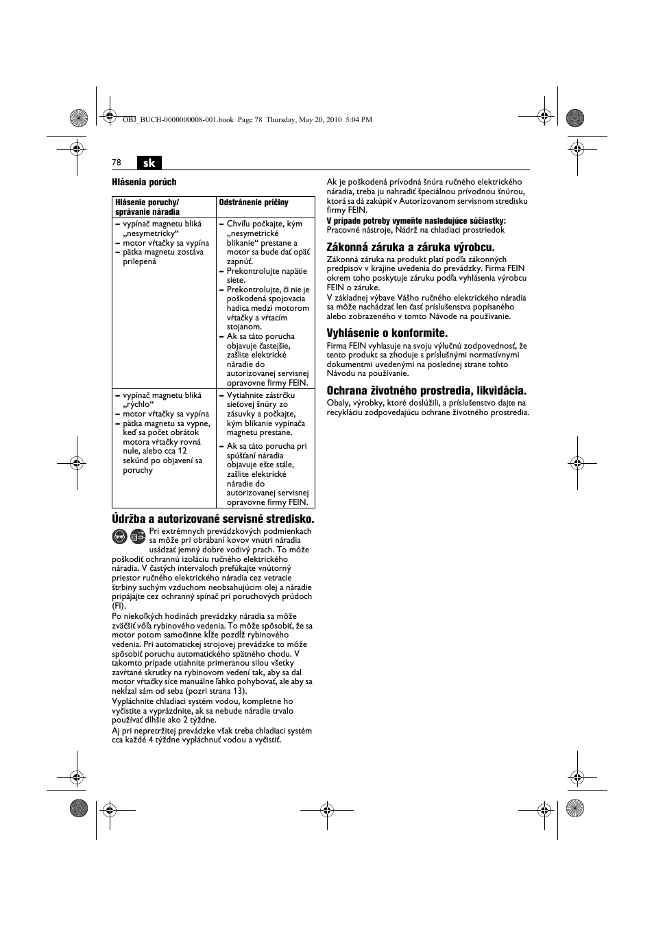 Údržba a autorizované servisné stredisko, Zákonná záruka a záruka výrobcu, Vyhlásenie o konformite | Ochrana životného prostredia, likvidácia | Fein KBM80auto User Manual | Page 78 / 148