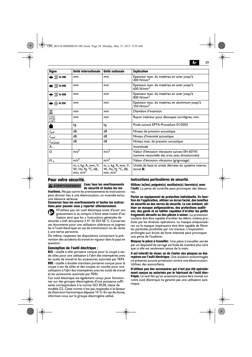 Fr pour votre sécurité | Fein BSS 2.0E User Manual | Page 29 / 138