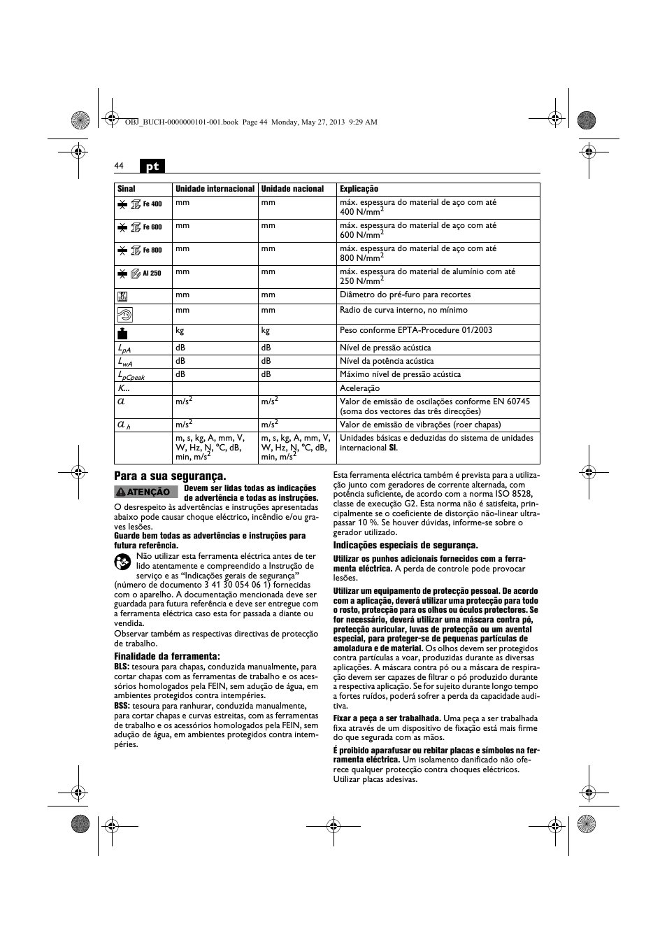 Pt para a sua segurança | Fein BSS 2.0E User Manual | Page 44 / 138
