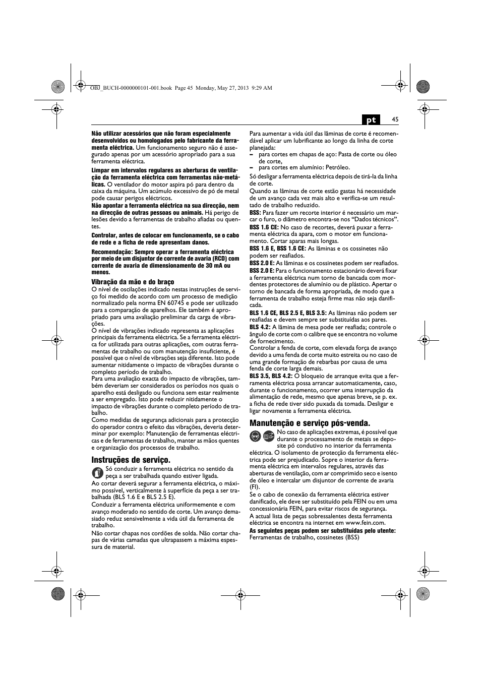 Instruções de serviço, Manutenção e serviço pós-venda | Fein BSS 2.0E User Manual | Page 45 / 138