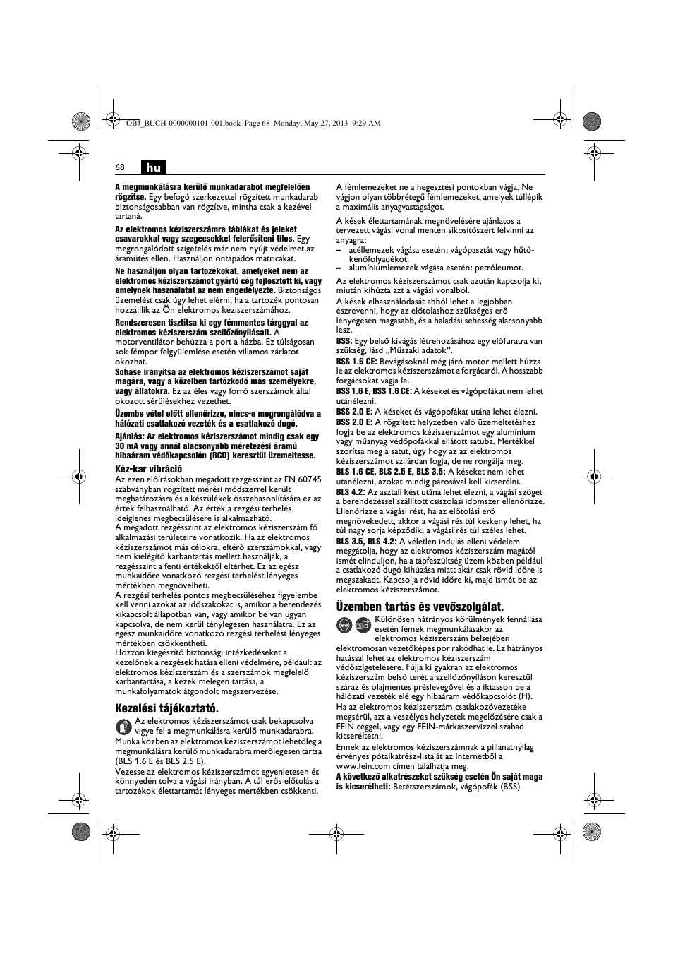 Kezelési tájékoztató, Üzemben tartás és vevőszolgálat | Fein BSS 2.0E User Manual | Page 68 / 138