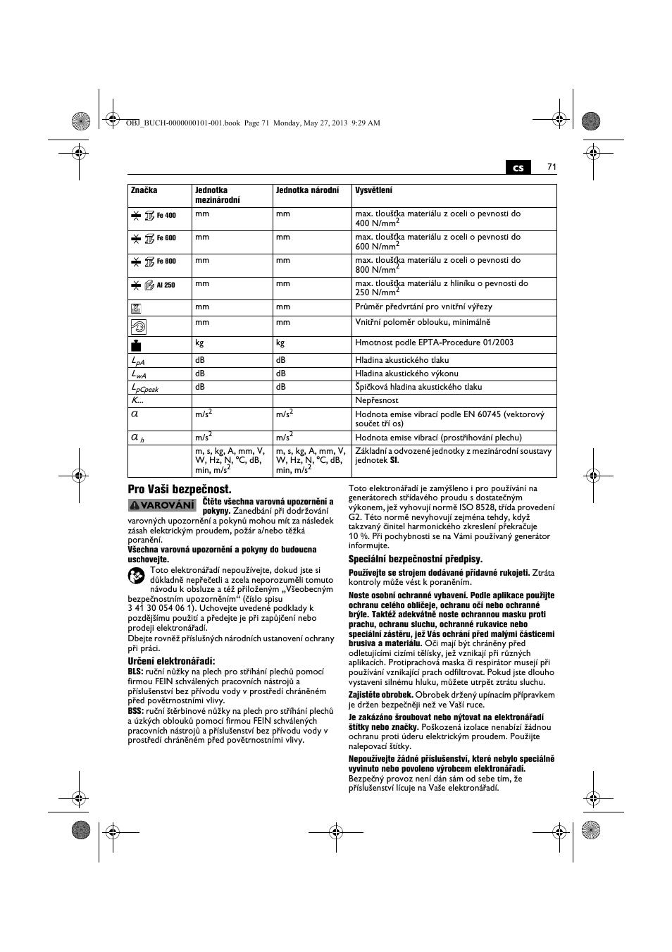 Cs pro vaši bezpečnost | Fein BSS 2.0E User Manual | Page 71 / 138